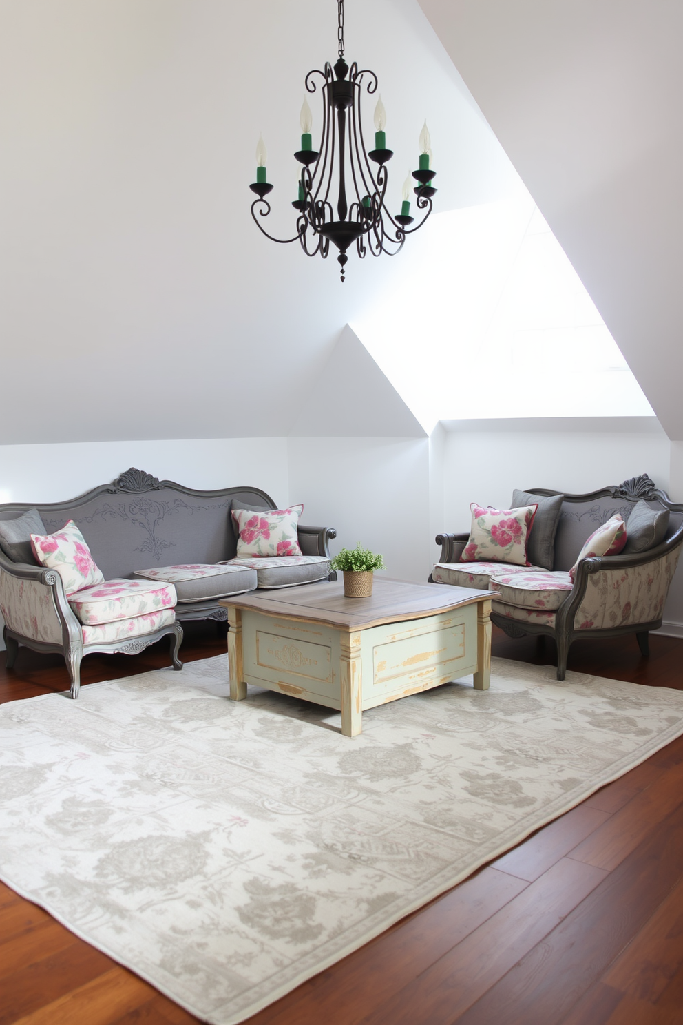 A vintage gray sofa with intricate carvings sits against the wall, complemented by a pair of matching armchairs adorned with floral upholstery. A rustic wooden coffee table with a distressed finish anchors the seating area, while a vintage chandelier hangs from the sloped ceiling, casting a warm glow. The walls are painted in a soft white, creating a bright contrast with the gray furniture. A large area rug with muted patterns covers the wooden floor, adding texture and warmth to the attic space.