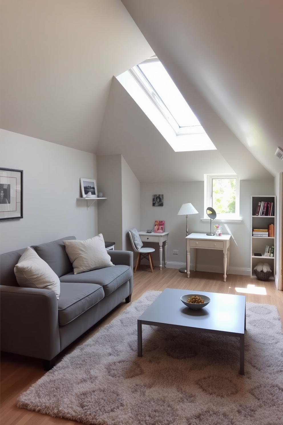 A functional gray storage solution is seamlessly integrated under the eaves of a cozy attic room. The design features built-in cabinetry with soft-close doors, providing ample space for organization while maintaining a minimalist aesthetic. The walls are painted in a light gray hue, enhancing the natural light that filters through the skylights. A plush area rug adds warmth to the space, creating an inviting atmosphere perfect for relaxation or work.