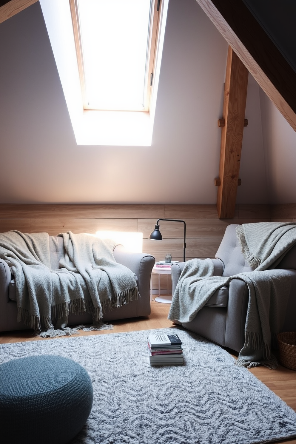 A modern attic room featuring gray painted furniture that adds a contemporary twist. The space includes a sleek gray sofa paired with a minimalist coffee table, complemented by a stylish gray area rug. Large windows allow natural light to flood the room, highlighting the gray tones throughout. Accents of greenery and soft textiles create a cozy atmosphere in this chic attic retreat.