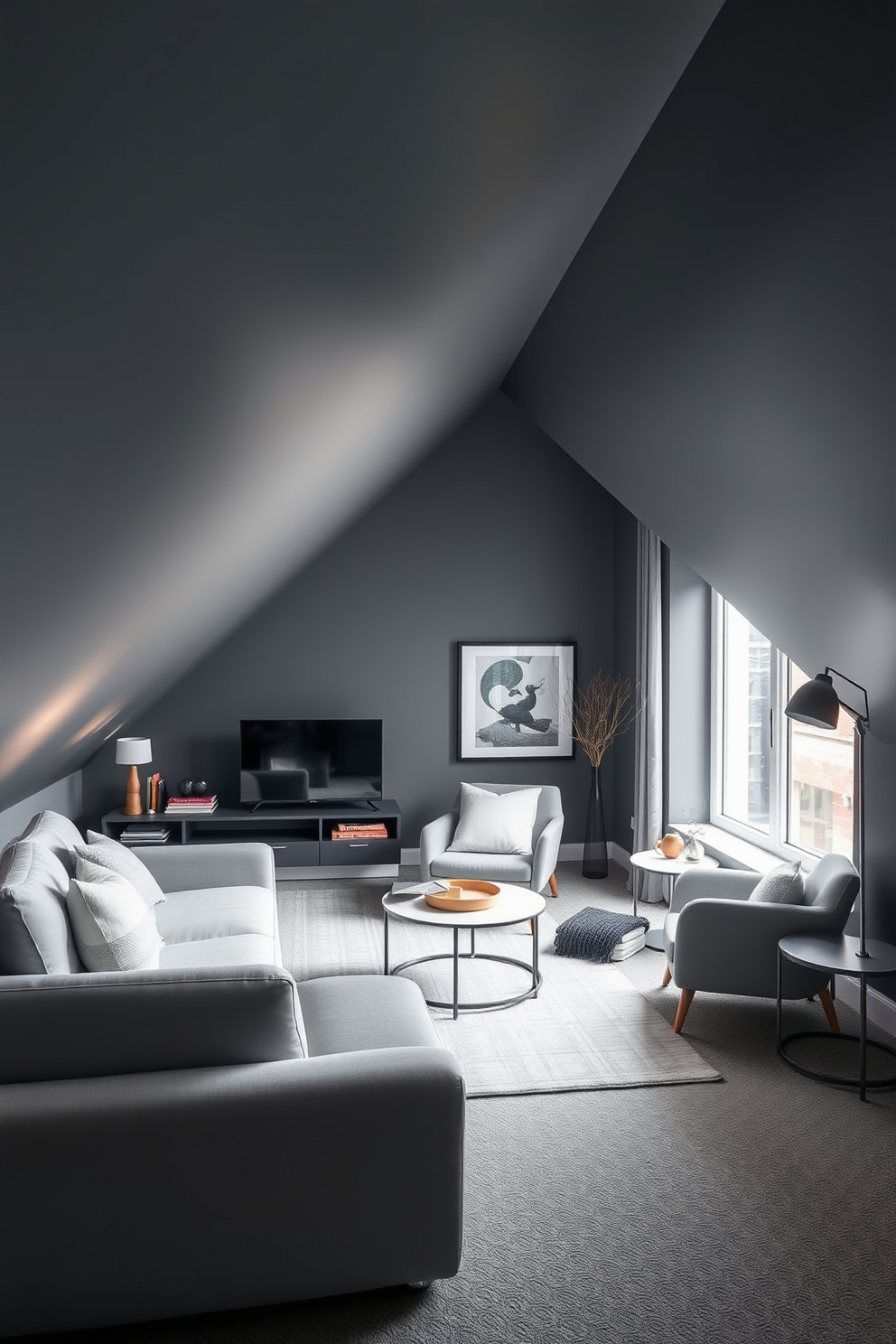 A cozy attic room designed in soft gray tones. The space features a sloped ceiling adorned with exposed wooden beams, creating a warm and inviting atmosphere. Gray accent pillows with geometric patterns are strategically placed on a plush sofa, enhancing the modern aesthetic. A stylish area rug anchors the seating area, adding texture and comfort to the overall design.