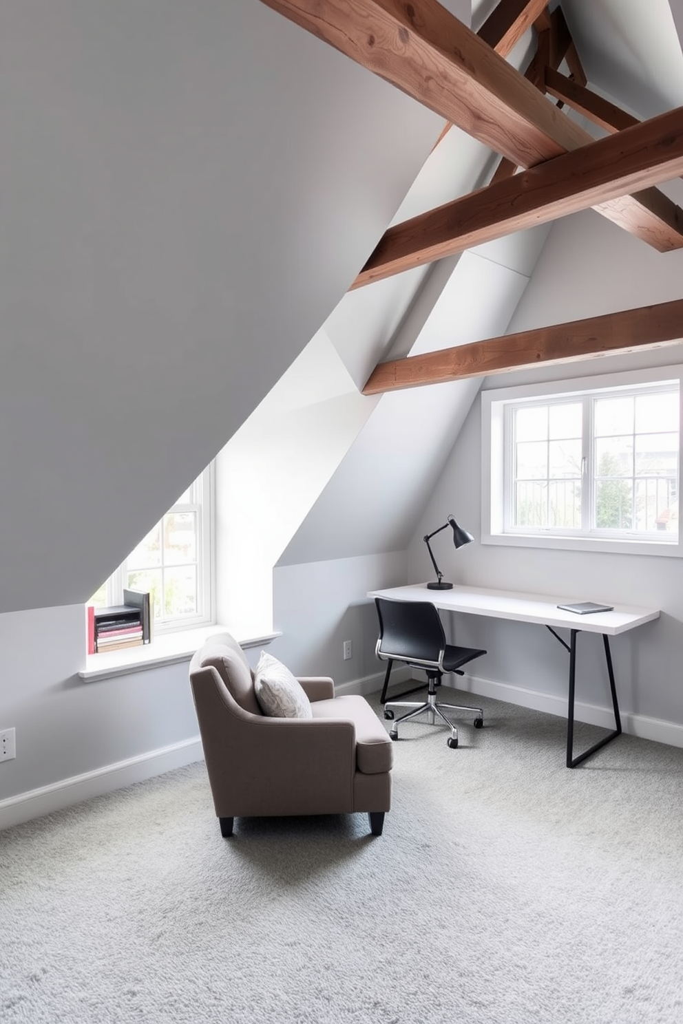 A cozy gray attic room with sloped ceilings and exposed wooden beams. Soft gray carpeting covers the floor, and a large window lets in natural light, showcasing a comfortable reading nook with a plush armchair and a small bookshelf. The walls are painted in a light gray tone, enhancing the sense of space and tranquility. A stylish desk in the corner is paired with a modern chair, creating a perfect workspace for creativity and inspiration.