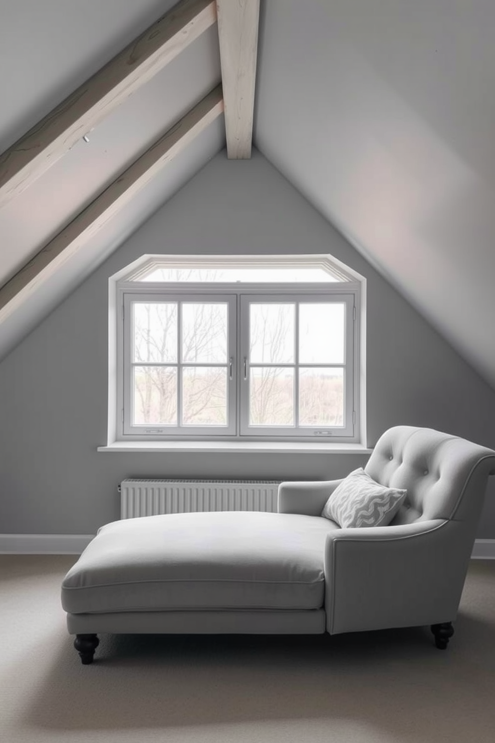 A modern gray desk is positioned against the wall, adorned with various indoor plants that bring a touch of freshness to the space. Natural light filters through a nearby window, enhancing the serene atmosphere of the room. The attic room features sloped ceilings painted in a soft white, creating a cozy and inviting feel. Plush cushions and a warm throw blanket are arranged on a stylish reading nook, perfect for relaxation and inspiration.