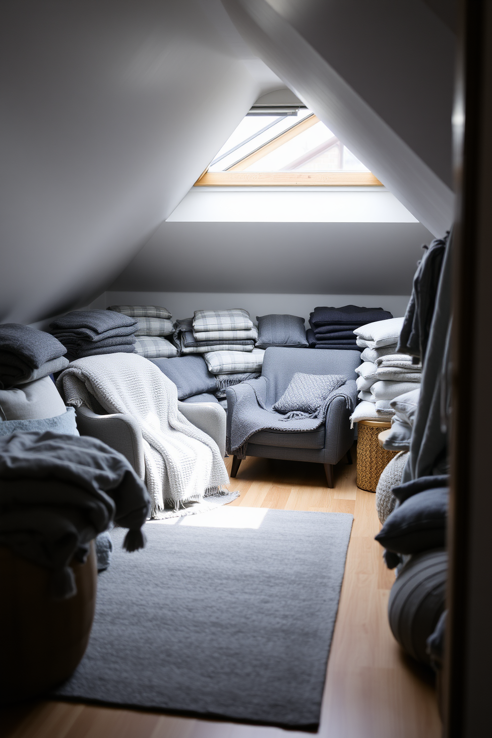 A cozy attic room filled with layered gray textiles that create a warm and inviting atmosphere. The walls are adorned with soft gray paint, and plush gray blankets are draped over a stylish armchair in the corner. Natural light streams in through a skylight, illuminating the space and highlighting the various shades of gray in the furnishings. A sleek gray rug anchors the room, adding comfort underfoot while complementing the overall design.