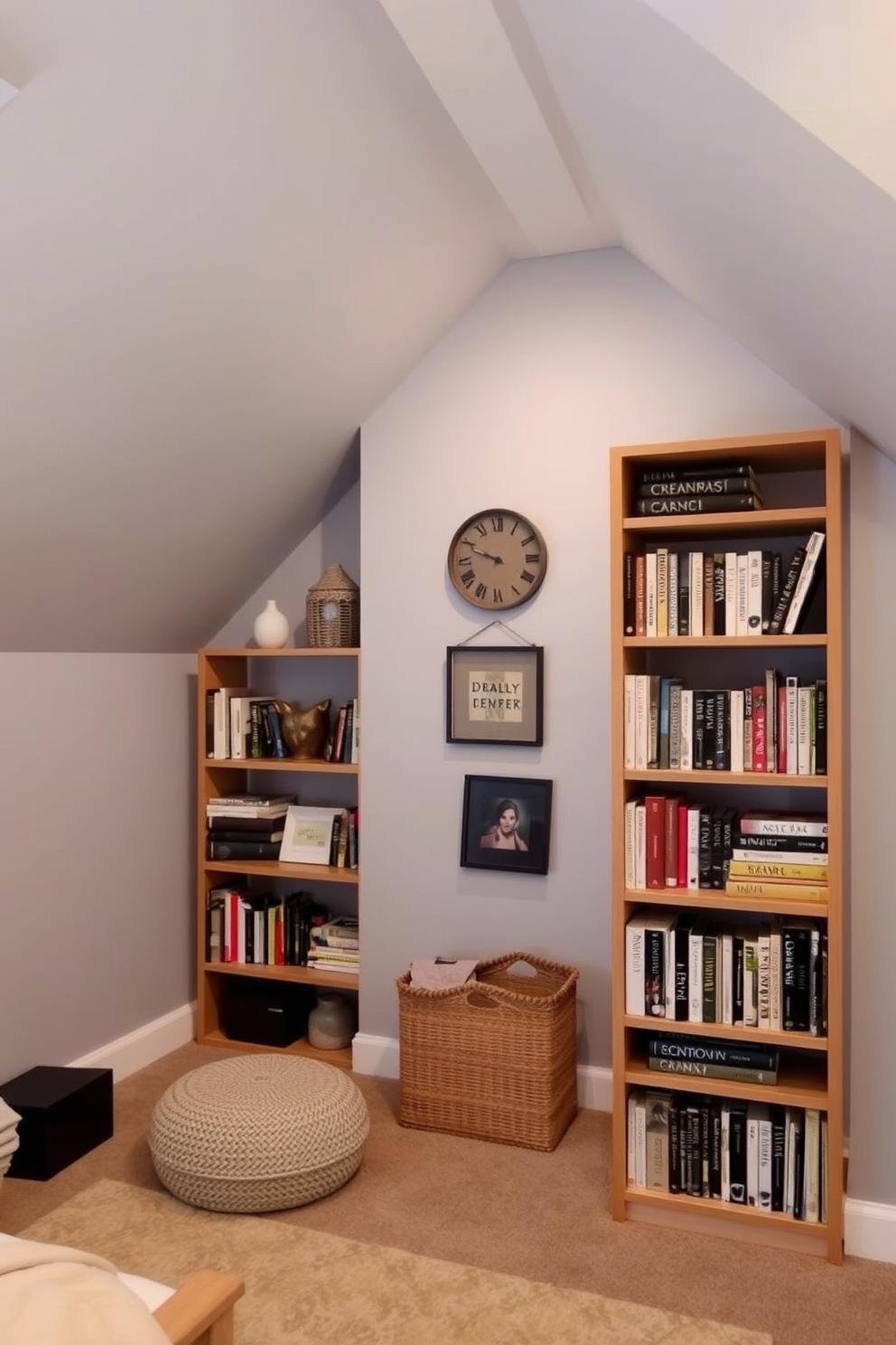 A cozy gray attic room featuring gray and white striped wallpaper that adds a touch of elegance. The space is adorned with a plush white area rug and a vintage wooden desk positioned under a sloped ceiling. Natural light pours in through a skylight, illuminating the room's soft gray furnishings. A comfortable reading nook with a stylish armchair and a small bookshelf completes the inviting atmosphere.