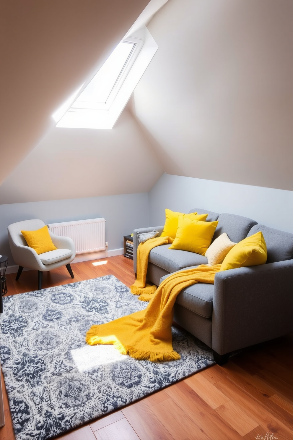 A cozy gray attic room featuring rustic gray beams that enhance the charm of the space. The walls are adorned with soft textiles, and a plush area rug anchors the seating area, creating a warm and inviting atmosphere.