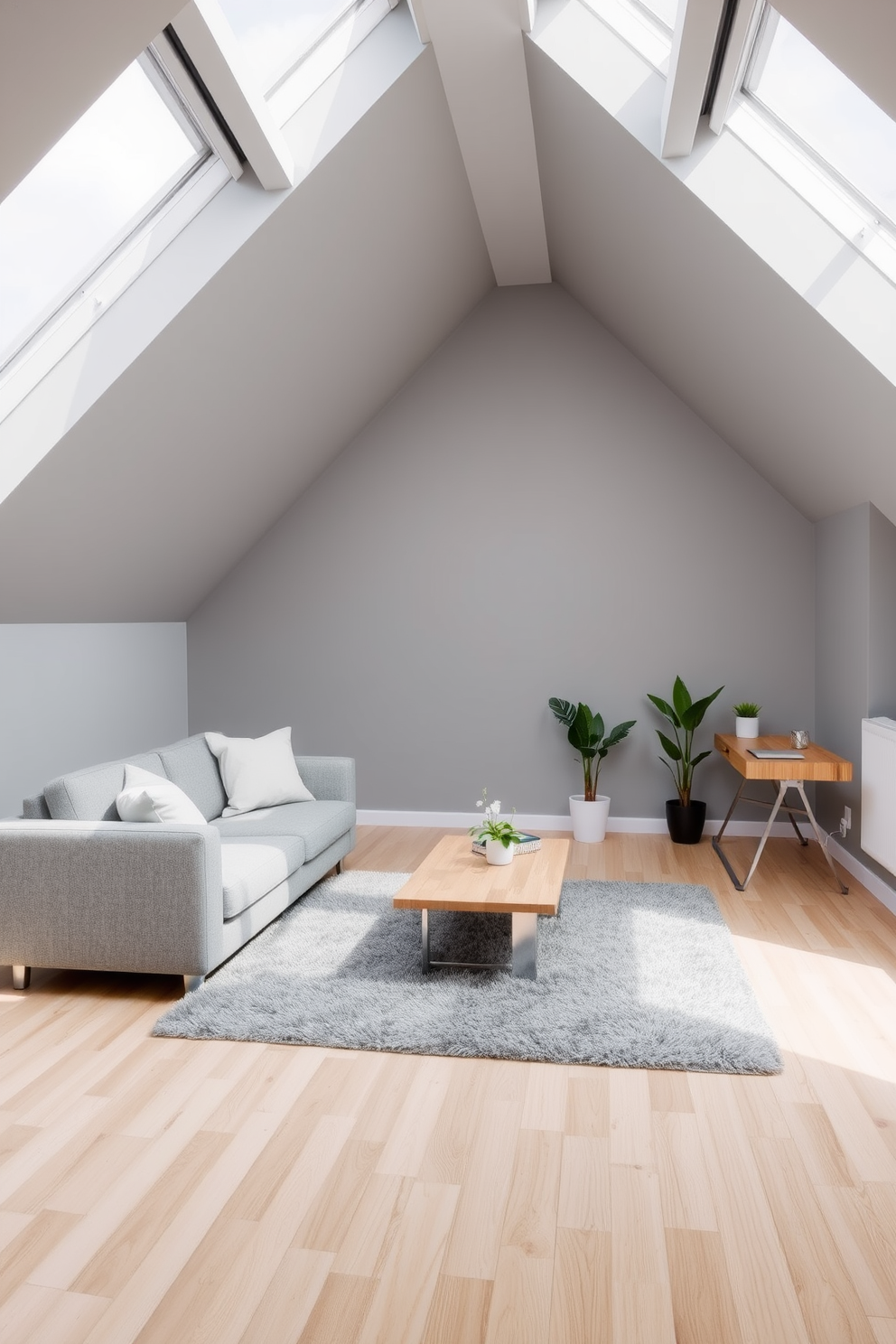 A minimalist gray attic room features an open layout with sloped ceilings and large skylights that flood the space with natural light. The walls are painted in a soft gray tone, complemented by a plush gray area rug and simple furniture that enhances the spacious feel. The room includes a sleek gray sofa adorned with neutral throw pillows and a small wooden coffee table. A minimalist desk in the corner provides a functional workspace, while a few potted plants add a touch of greenery to the serene environment.