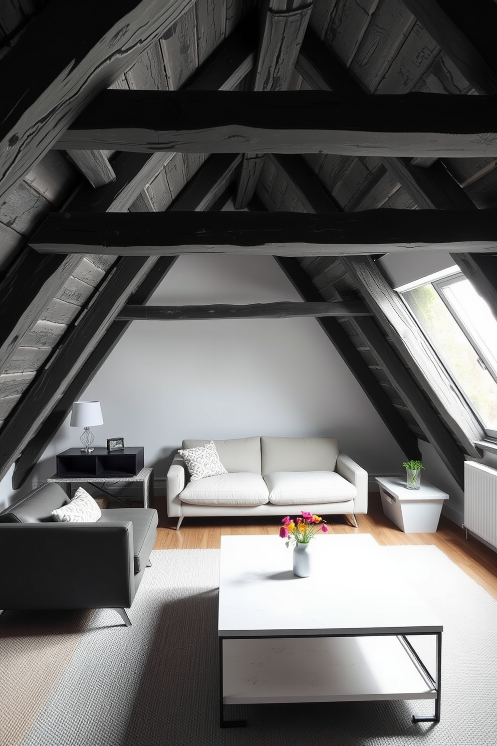 A cozy attic room featuring rustic gray beams that add character to the space. The room is furnished with modern furniture, including a sleek sofa and a minimalist coffee table, creating a harmonious blend of styles.