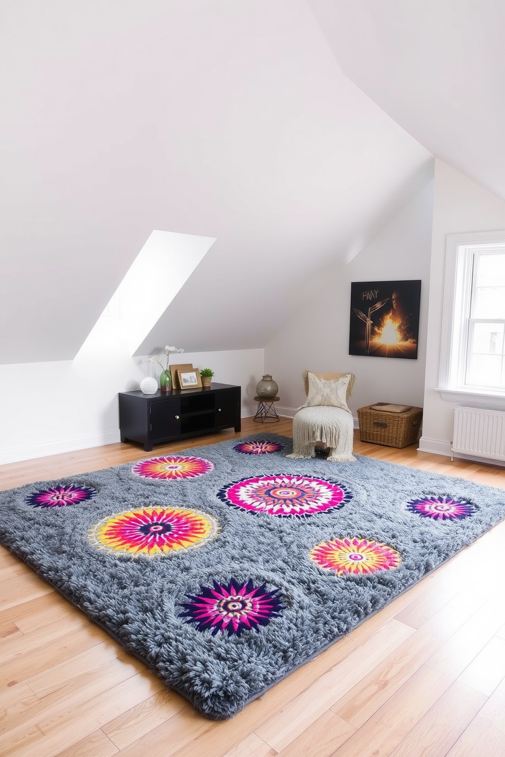 A cozy gray attic room featuring a plush gray area rug that defines the seating area. The walls are adorned with soft white paneling, and large windows allow natural light to flood the space, highlighting the warm wooden beams.