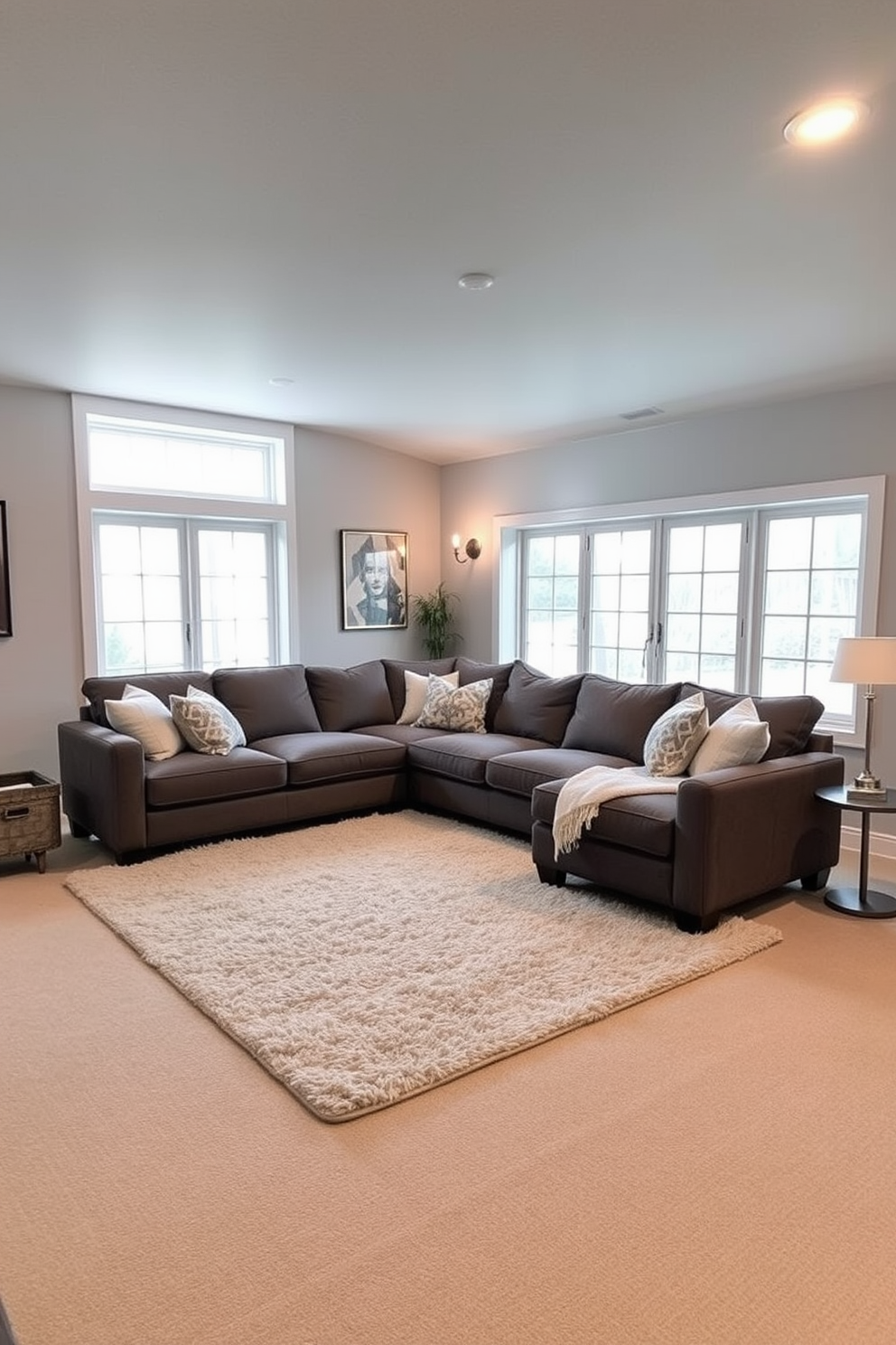 A cozy gray sectional sofa is positioned in the center of a spacious basement, creating an inviting atmosphere. Surrounding the sofa are plush throw pillows and a soft area rug that adds warmth to the cool tones of the space. The walls are painted in a light gray hue, enhancing the cozy feel, while large windows allow natural light to filter in. Accent lighting fixtures are strategically placed to create a warm glow, complementing the overall design.