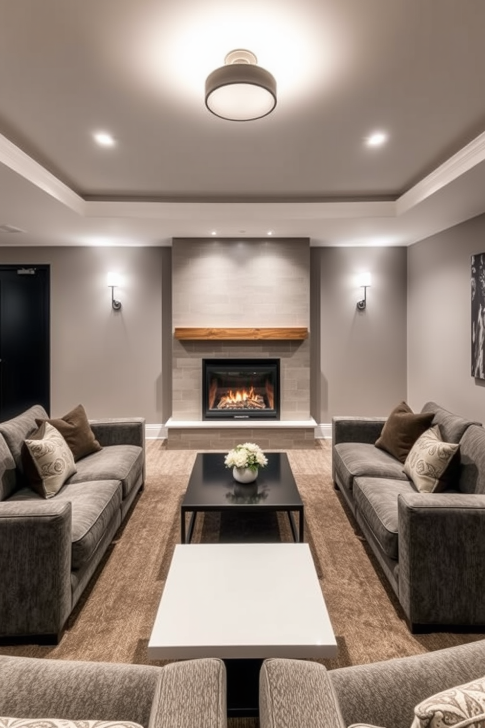 A warm gray fireplace serves as the focal point of the cozy seating area. Plush gray sofas are arranged around a sleek coffee table, creating an inviting space for relaxation and conversation. The walls are painted in a soft gray hue, enhancing the room's warmth and depth. Ambient lighting fixtures are strategically placed to create a welcoming atmosphere in the basement design.