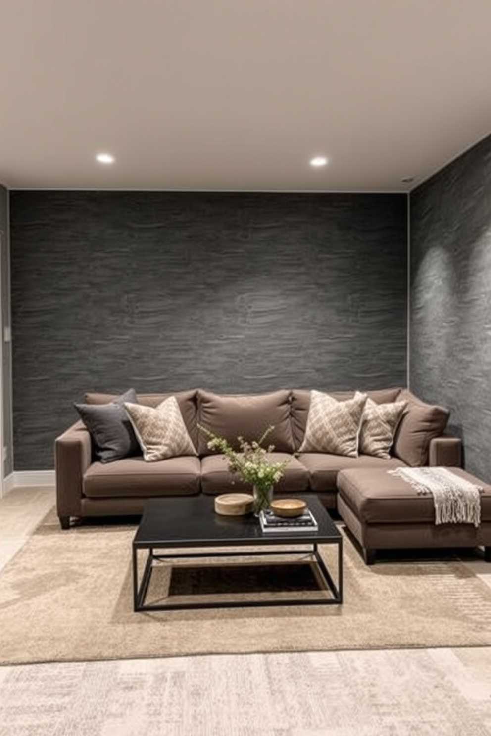 A cozy basement retreat featuring textured gray wallpaper that adds depth and sophistication to the space. The room is furnished with a plush sectional sofa, complemented by a sleek coffee table and layered area rugs for warmth.