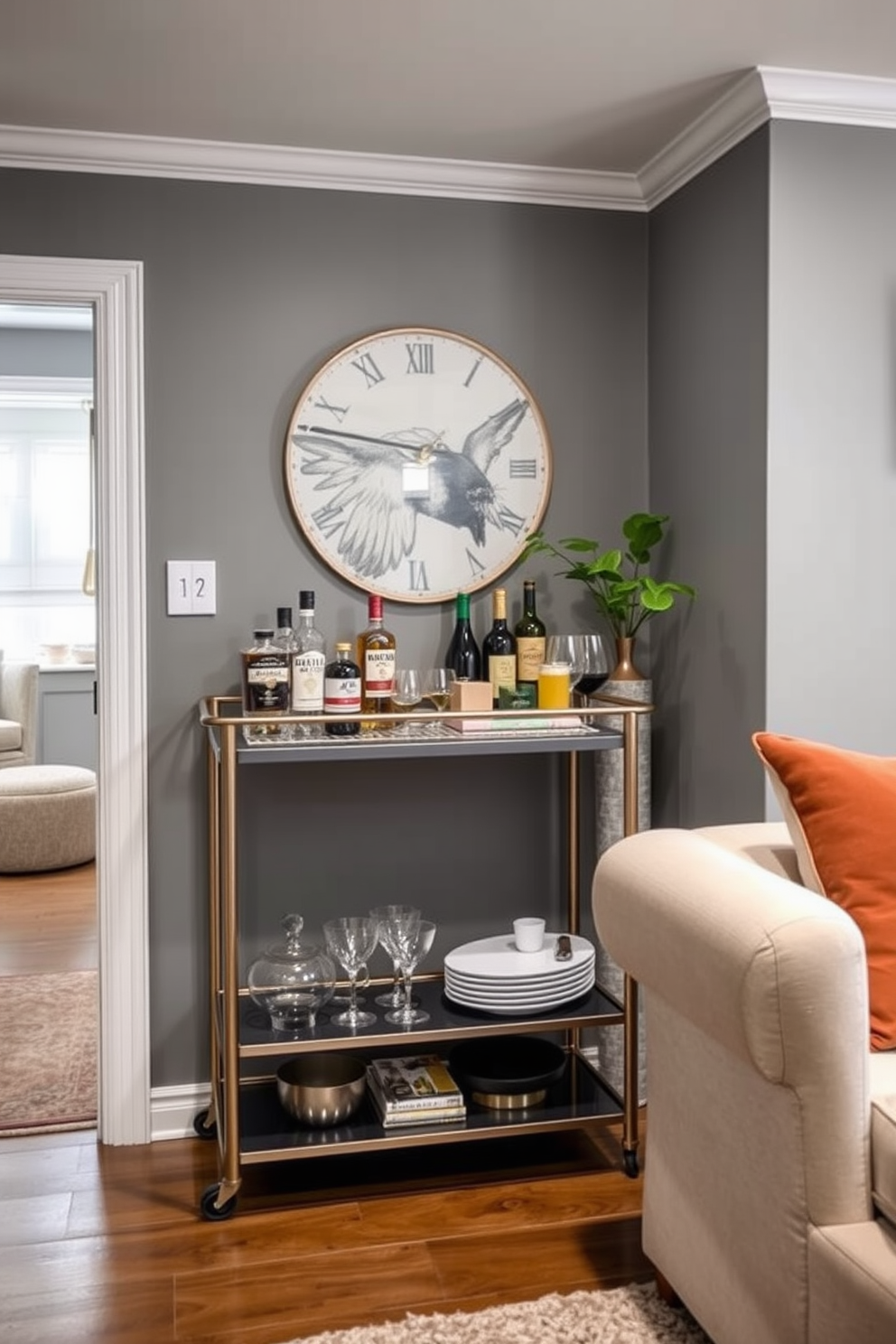 Gray wallpaper with subtle patterns creates a serene backdrop for a stylish basement retreat. The space features a plush sectional sofa in soft neutral tones, complemented by a sleek coffee table and ambient lighting fixtures that enhance the cozy atmosphere. In one corner, a small wet bar with modern cabinetry invites relaxation and entertainment. A large area rug anchors the seating area, adding warmth and texture to the overall design.