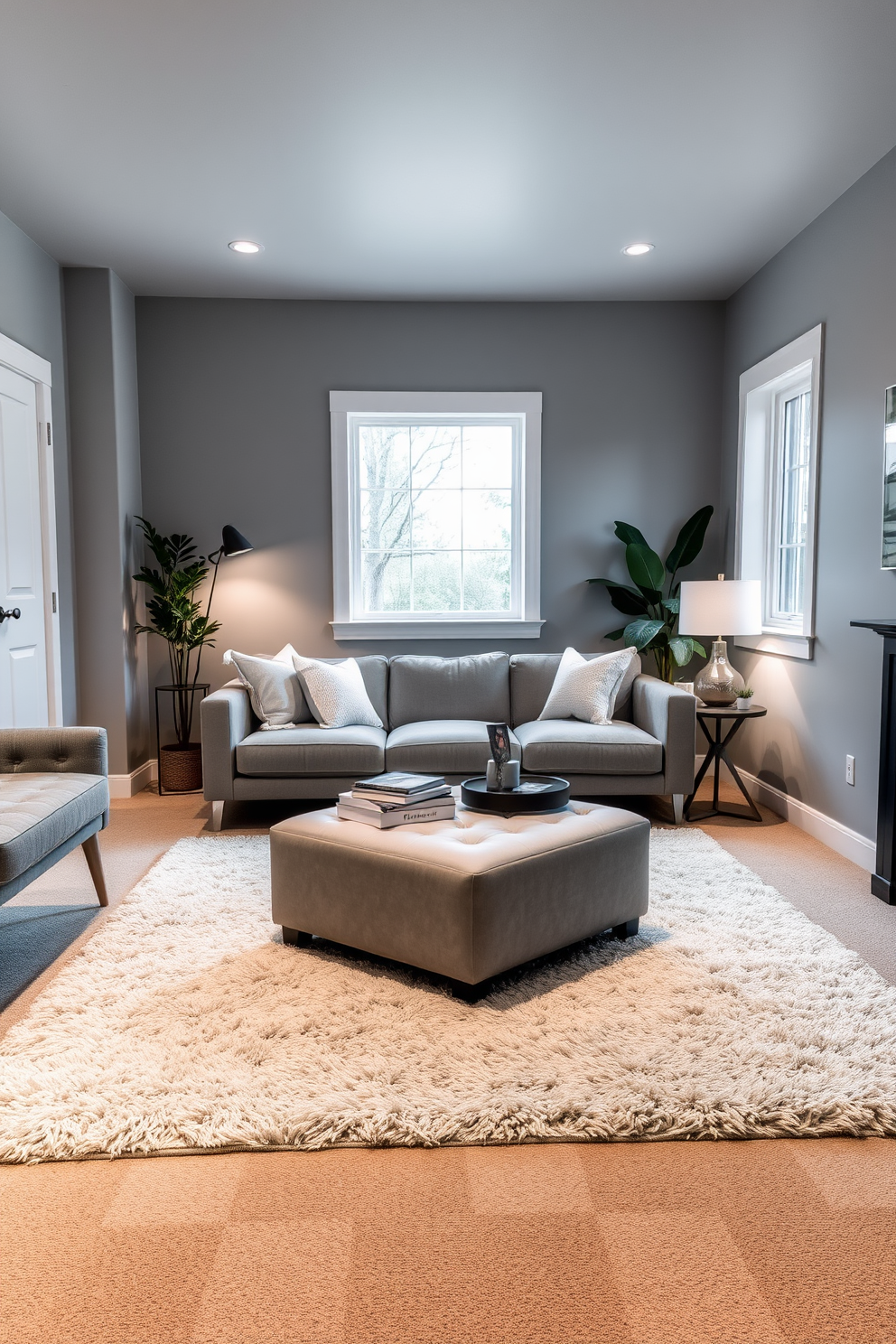 A stylish gray ottoman is placed in the center of a chic basement lounge area. The space features soft ambient lighting, with a plush area rug underneath that complements the gray tones. The walls are painted in a light gray hue, creating a cozy and inviting atmosphere. Large windows allow natural light to flood in, enhancing the modern decor and furniture arrangement.