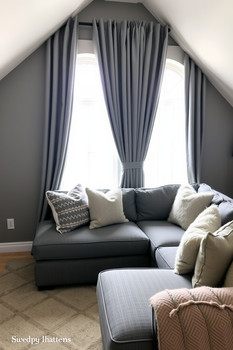 A cozy gray basement retreat with plush gray curtains that gently filter natural light. The space features a comfortable sectional sofa adorned with soft throw pillows, creating an inviting atmosphere for relaxation.