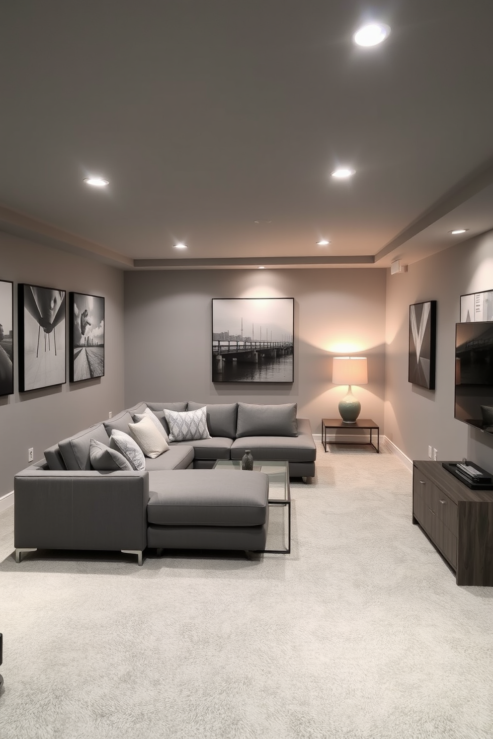 A stylish gray basement featuring a striking accent wall adorned with a curated collection of modern artwork. The space is complemented by plush seating arrangements and ambient lighting, creating a cozy yet sophisticated atmosphere.