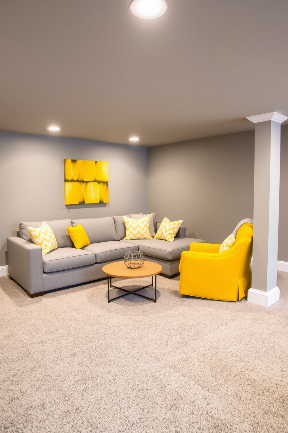 A stylish gray basement designed with a yellow color scheme. The walls are painted a soft gray, while yellow accents are incorporated through decorative pillows and artwork. The flooring features a plush gray carpet that adds warmth to the space. A cozy seating area includes a gray sectional sofa paired with a bright yellow accent chair, creating a vibrant contrast.