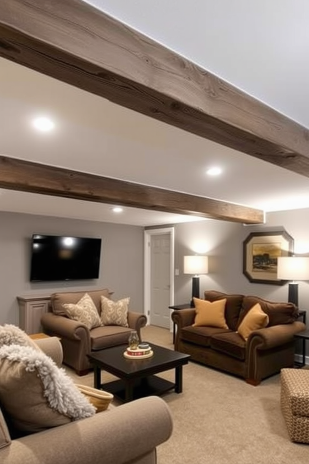 A stylish gray basement featuring open gray shelving adorned with carefully curated decorative items. The walls are painted in a soft gray tone, complementing the sleek design of the shelving and creating a cozy yet modern atmosphere.