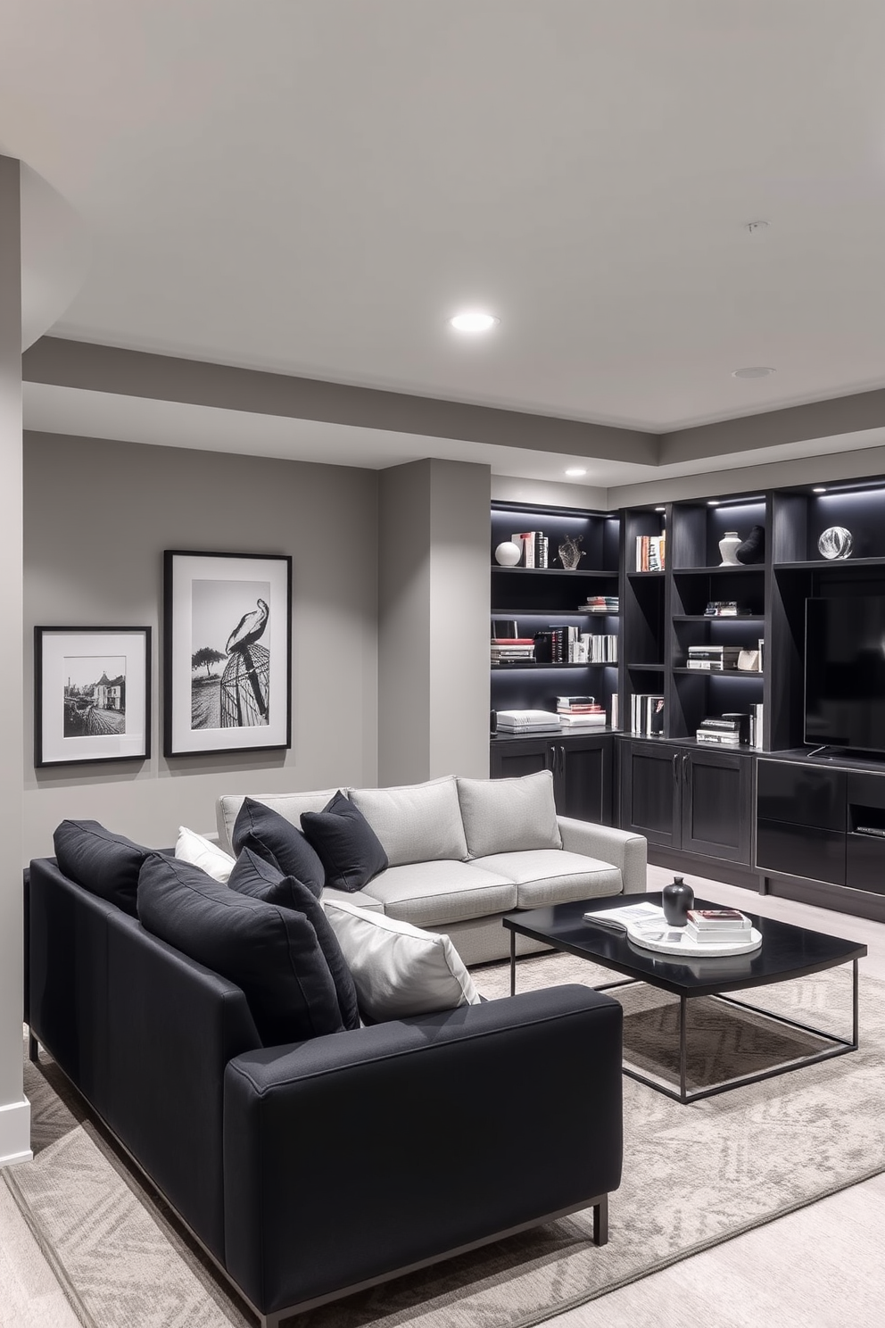 Light gray walls create a serene backdrop for the space, complemented by dark accents that add depth and sophistication. The basement features plush seating arrangements with modern furniture, enhancing comfort while maintaining a stylish aesthetic. Incorporate sleek built-in shelves that showcase art and books, providing both functionality and visual interest. A soft area rug anchors the seating area, adding warmth and texture to the overall design.