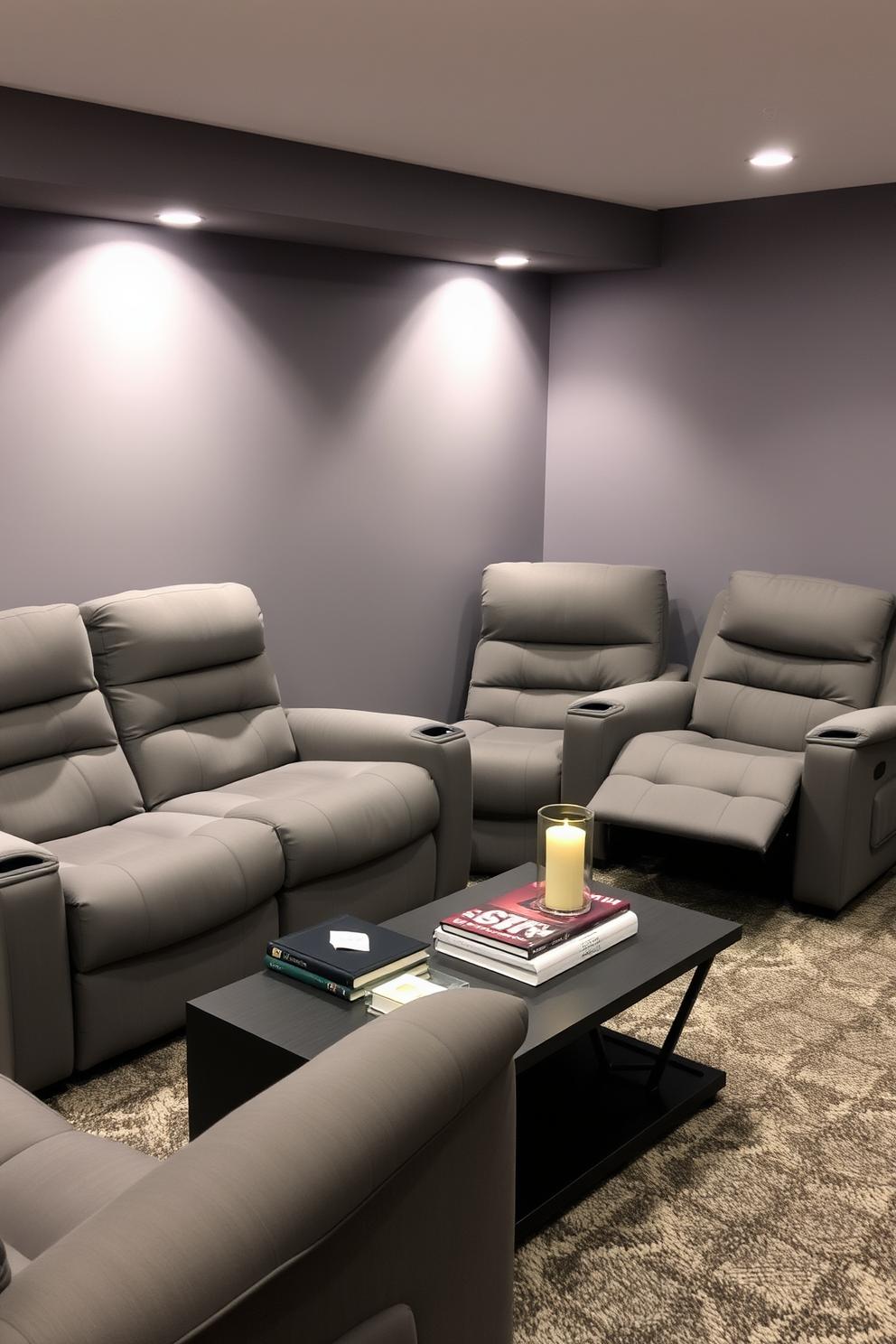 Comfortable gray recliners are arranged in a cozy corner of the basement, creating an inviting space for relaxation. Soft ambient lighting highlights the plush fabric and enhances the overall comfort of the area. The basement features a modern design with sleek gray walls and a textured carpet that complements the recliners. A stylish coffee table sits in front of the seating area, adorned with books and a decorative candle for a touch of warmth.