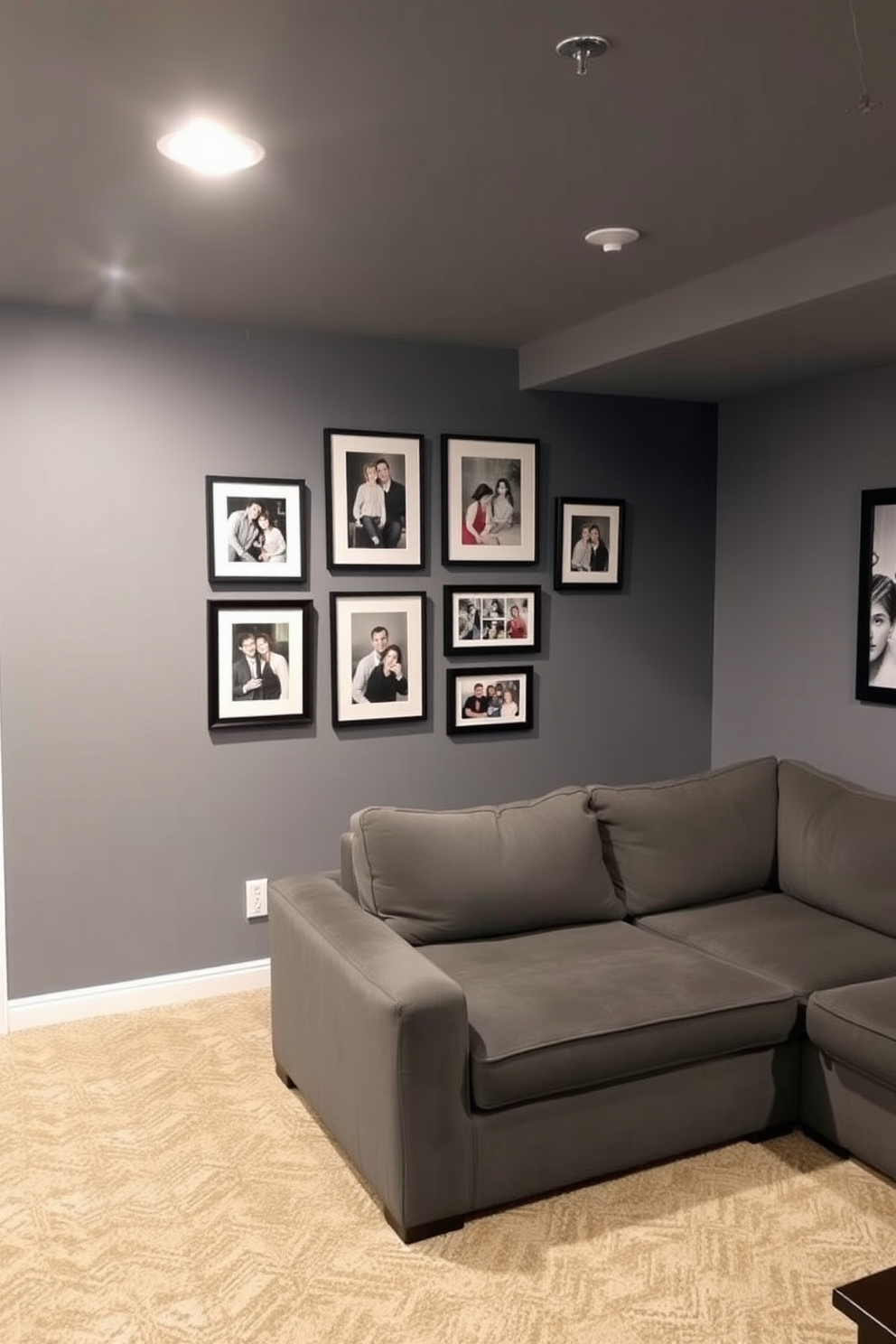 A cozy reading nook features a gray accent chair positioned next to a sleek floor lamp that emits a warm glow. The walls are painted in a soft beige, creating a calming atmosphere, while a small bookshelf filled with novels stands nearby. The gray basement design incorporates a spacious layout with comfortable seating arrangements and modern decor. Large windows allow natural light to flood the space, highlighting the elegant finishes and inviting ambiance.