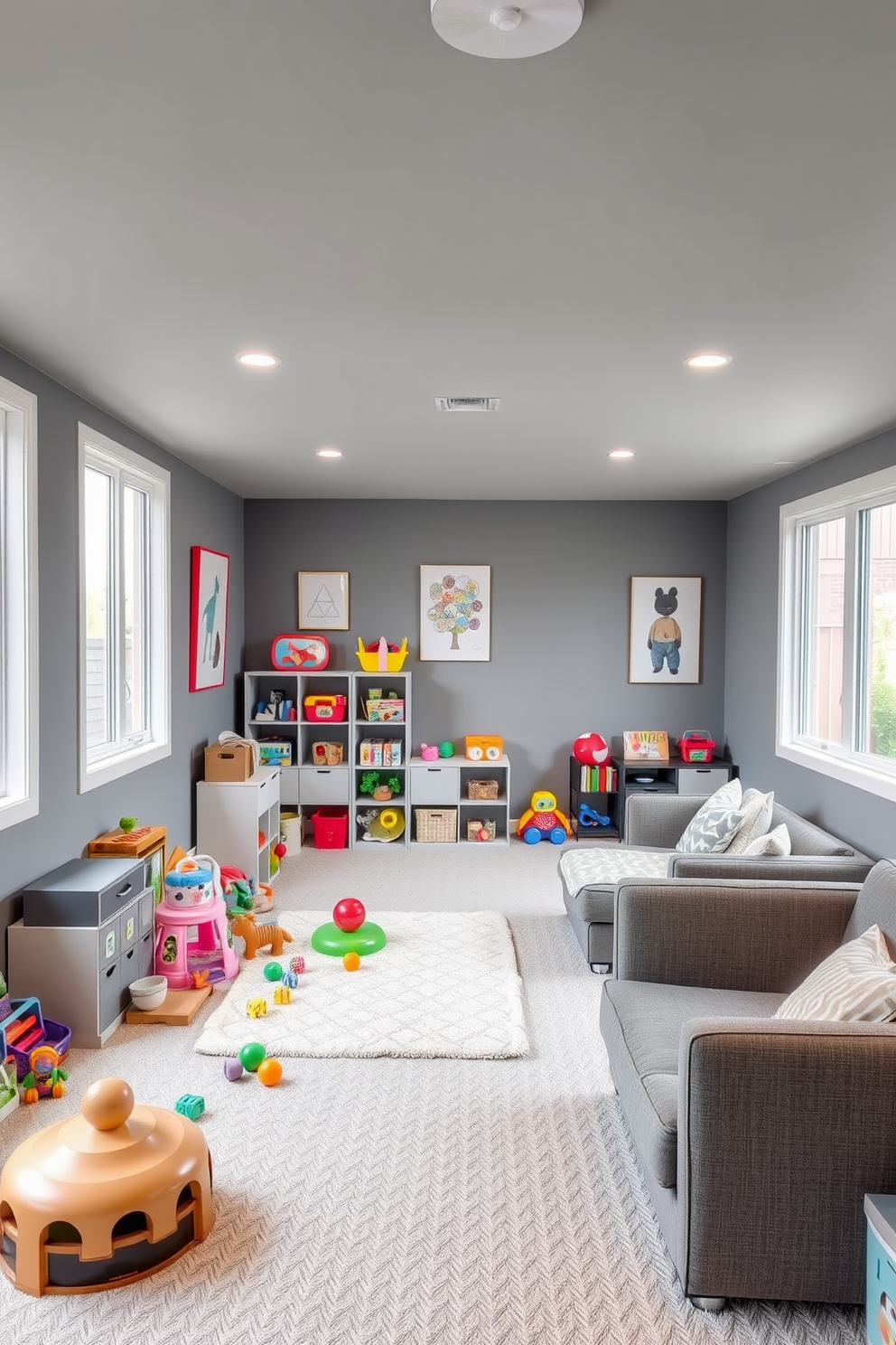 A bright gray painted basement with modern furnishings creates an inviting atmosphere. The space features a cozy sectional sofa adorned with colorful throw pillows and a sleek coffee table at the center. Soft lighting fixtures hang from the ceiling, illuminating the area while adding warmth. A stylish area rug anchors the seating arrangement, enhancing comfort and visual appeal.