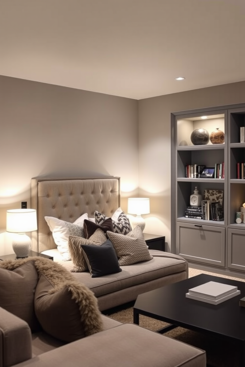 A functional gray desk designed for a home office setting features sleek lines and ample storage space. The desk is complemented by an ergonomic chair, with soft lighting illuminating the workspace. The gray basement design incorporates a cozy lounge area with plush seating and a modern coffee table. Large windows allow natural light to fill the space, creating an inviting atmosphere.