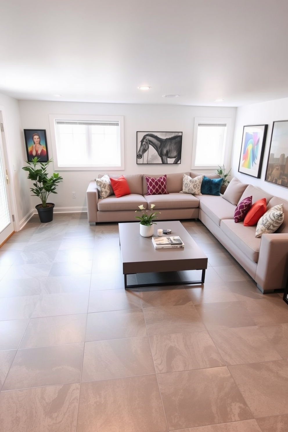 A modern basement design featuring gray tile flooring that creates a sleek and sophisticated ambiance. The walls are painted in a soft white to contrast with the flooring, and large windows allow natural light to flood the space. Incorporate a cozy seating area with a plush sectional sofa in a neutral tone, complemented by colorful throw pillows. A stylish coffee table sits in front, surrounded by contemporary art pieces adorning the walls.