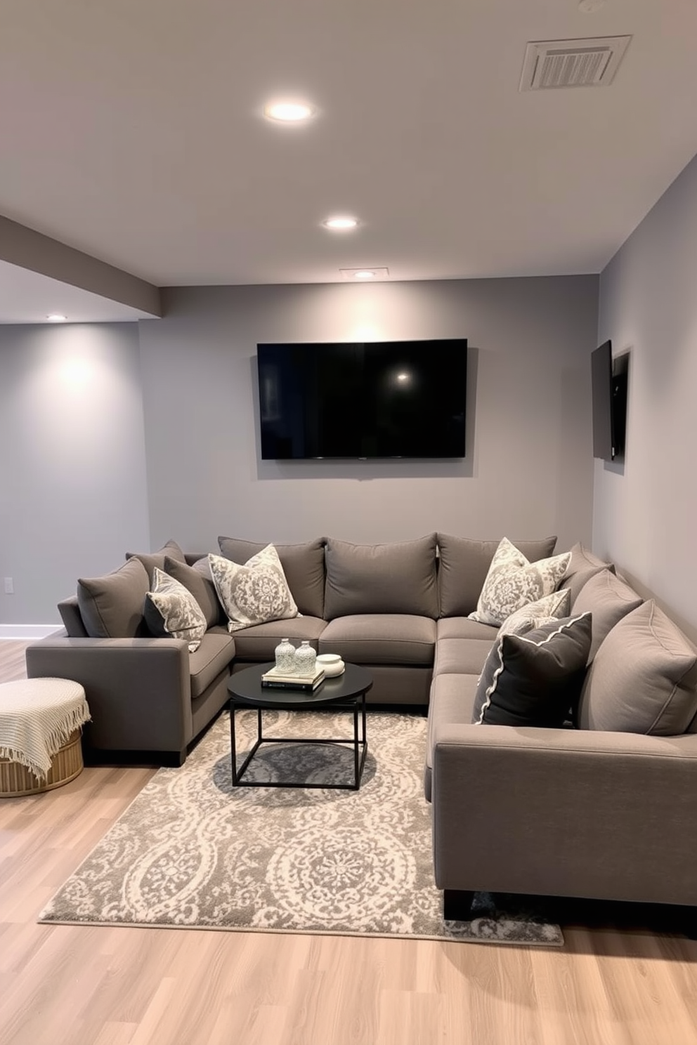 A stylish gray basement designed for relaxation and entertainment. The space features a plush sectional sofa adorned with gray accent pillows to create cozy touches throughout the room. Soft ambient lighting casts a warm glow, enhancing the inviting atmosphere. The walls are painted in a soft gray hue, complemented by a stylish area rug that adds texture to the floor.