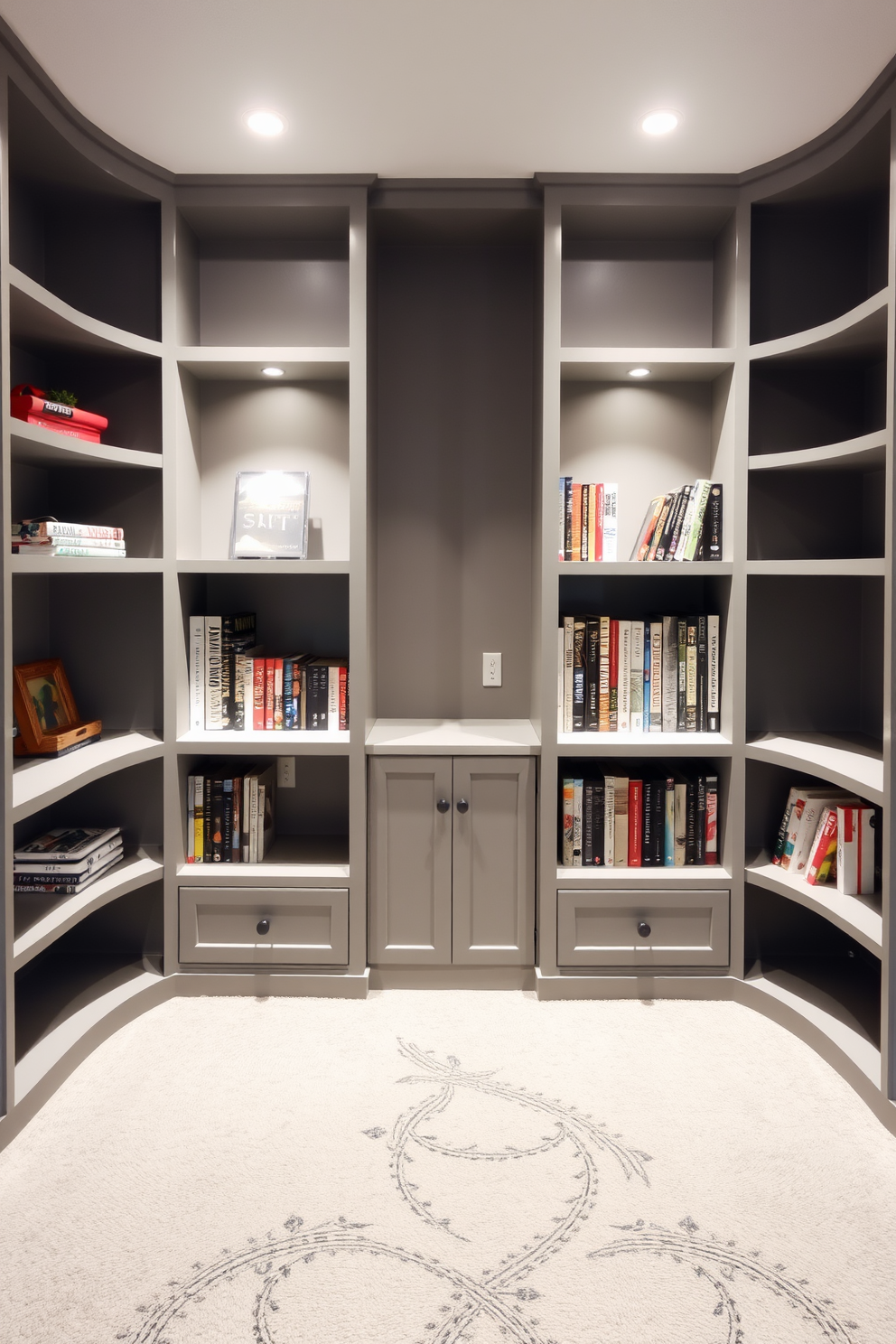 A modern gray staircase with sleek wooden railings creates a striking focal point in the basement. The walls are painted in a soft gray hue, enhancing the spacious feel of the area. The basement features a cozy lounge area with plush furniture in neutral tones. Large windows allow natural light to flood in, illuminating the contemporary decor.