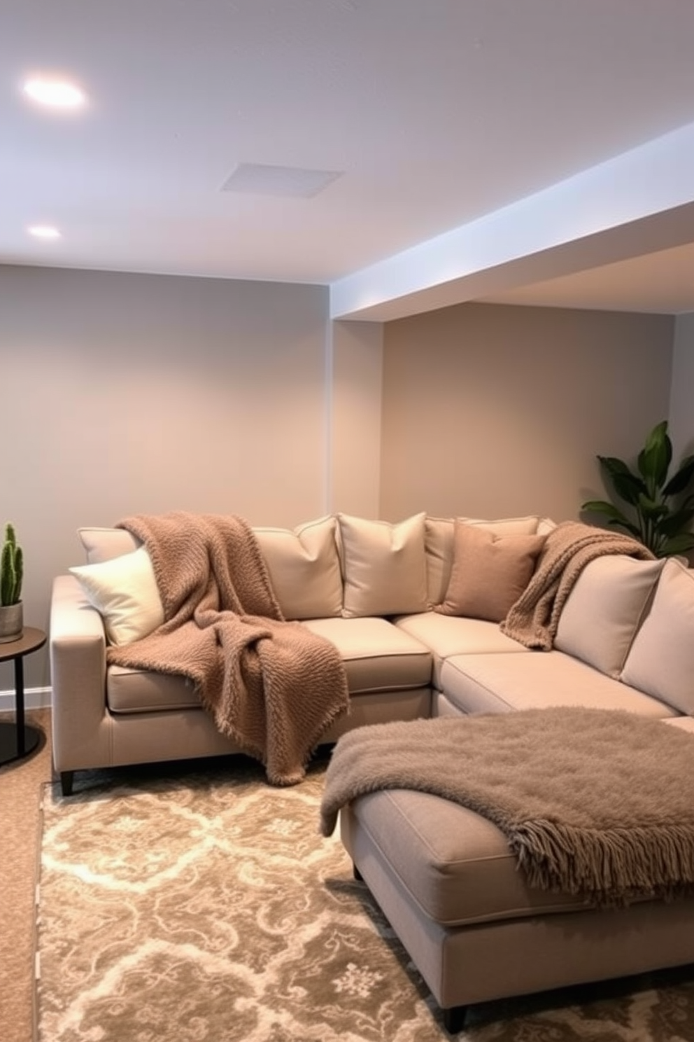 A cozy basement retreat featuring plush gray throw blankets draped over a modern sectional sofa. The walls are painted in a soft gray hue, complemented by warm ambient lighting and a stylish area rug that adds texture to the space.