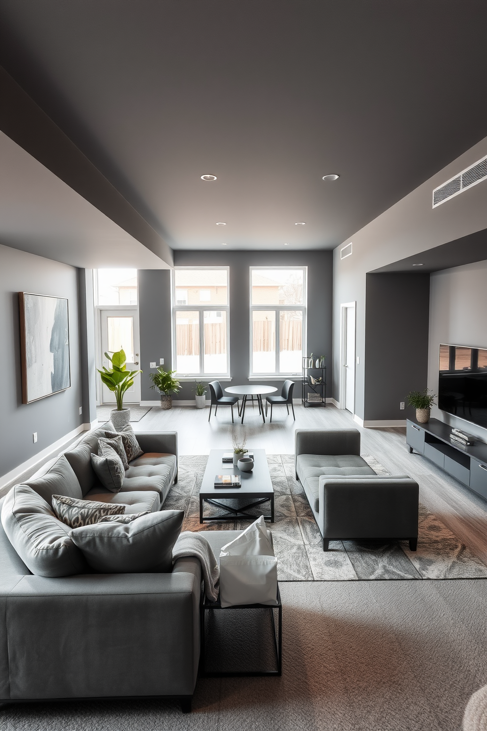 A stylish gray basement featuring industrial gray pendant lighting fixtures that hang from the ceiling. The space is designed with a mix of exposed brick walls and polished concrete floors, creating a modern yet cozy atmosphere.