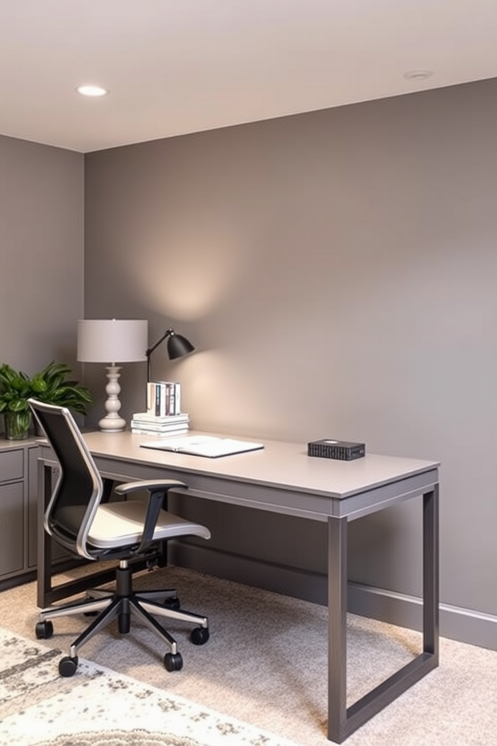 A stylish gray desk for a home office features a sleek design with clean lines, paired with a comfortable ergonomic chair. The desk is adorned with minimalistic decor, including a modern lamp and a few neatly arranged books. Gray basement design ideas incorporate a cozy lounge area with plush seating and soft lighting, creating an inviting atmosphere. The walls are painted in a warm gray tone, complemented by accent rugs that add texture and warmth to the space.