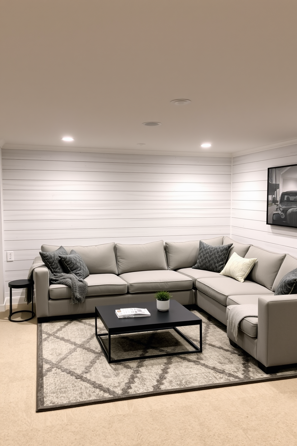 A cozy gray basement featuring a shiplap feature wall that adds texture and warmth to the space. The room is furnished with a plush sectional sofa and a sleek coffee table, creating an inviting area for relaxation and entertainment. Soft ambient lighting illuminates the room, highlighting the natural grain of the shiplap while maintaining a calm atmosphere. A stylish area rug anchors the seating arrangement, complementing the overall gray color palette with subtle patterns.