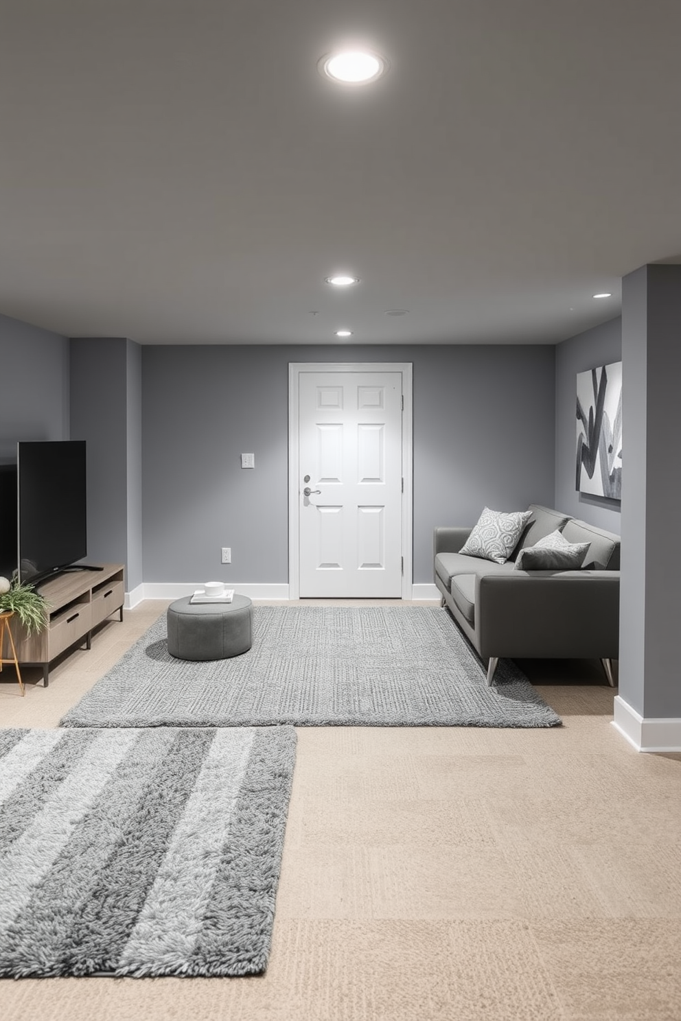 A contemporary basement featuring layered gray rugs that add depth and texture to the space. The walls are painted in a soft gray hue, complemented by modern furniture in varying shades of gray.