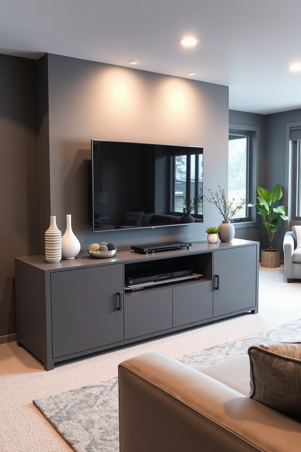 A modern gray media console with a sleek design sits against the wall, featuring clean lines and minimalist hardware. The console is adorned with decorative objects and a large flat-screen TV mounted above it, creating a stylish focal point in the room. The basement is designed with a contemporary gray color palette, featuring comfortable seating and ambient lighting. Large windows allow natural light to filter in, enhancing the inviting atmosphere of this cozy entertainment space.