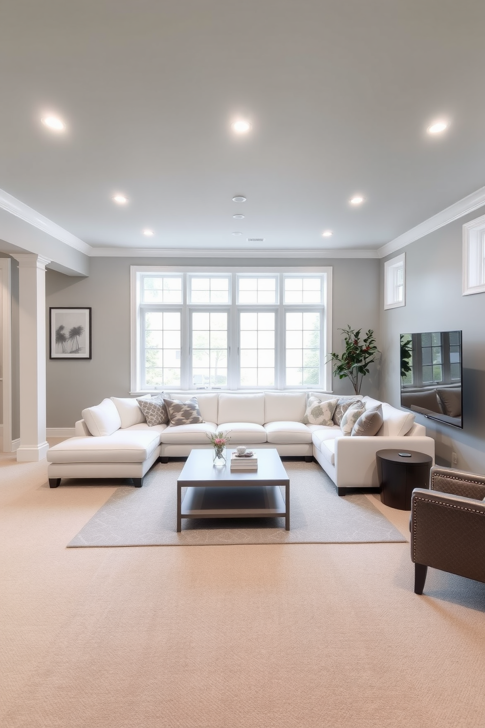 A bright and airy gray basement designed for relaxation and entertainment. The walls are painted in a soft gray, complemented by white trim and recessed lighting that enhances the spacious feel. In the center, a plush white sectional sofa invites comfort, paired with a sleek gray coffee table. A large area rug in a subtle geometric pattern anchors the seating area, while large windows allow natural light to flood the space.