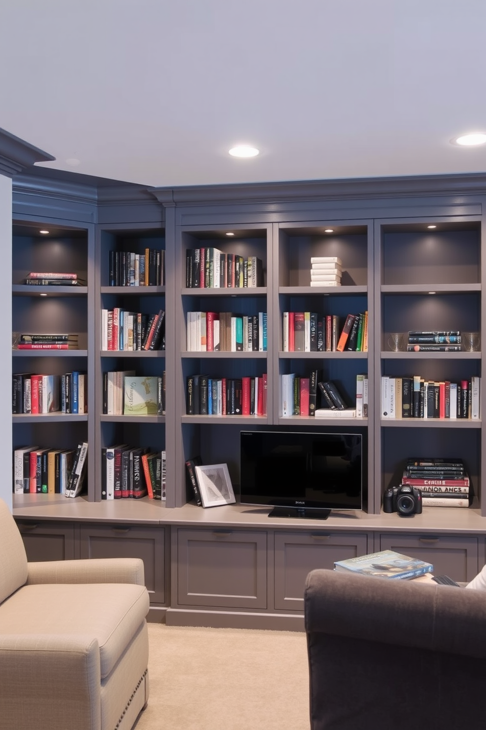 A contemporary basement design featuring gray built-in shelving that elegantly displays a curated collection of books. The space is illuminated by recessed lighting, creating a cozy atmosphere perfect for reading and relaxation.