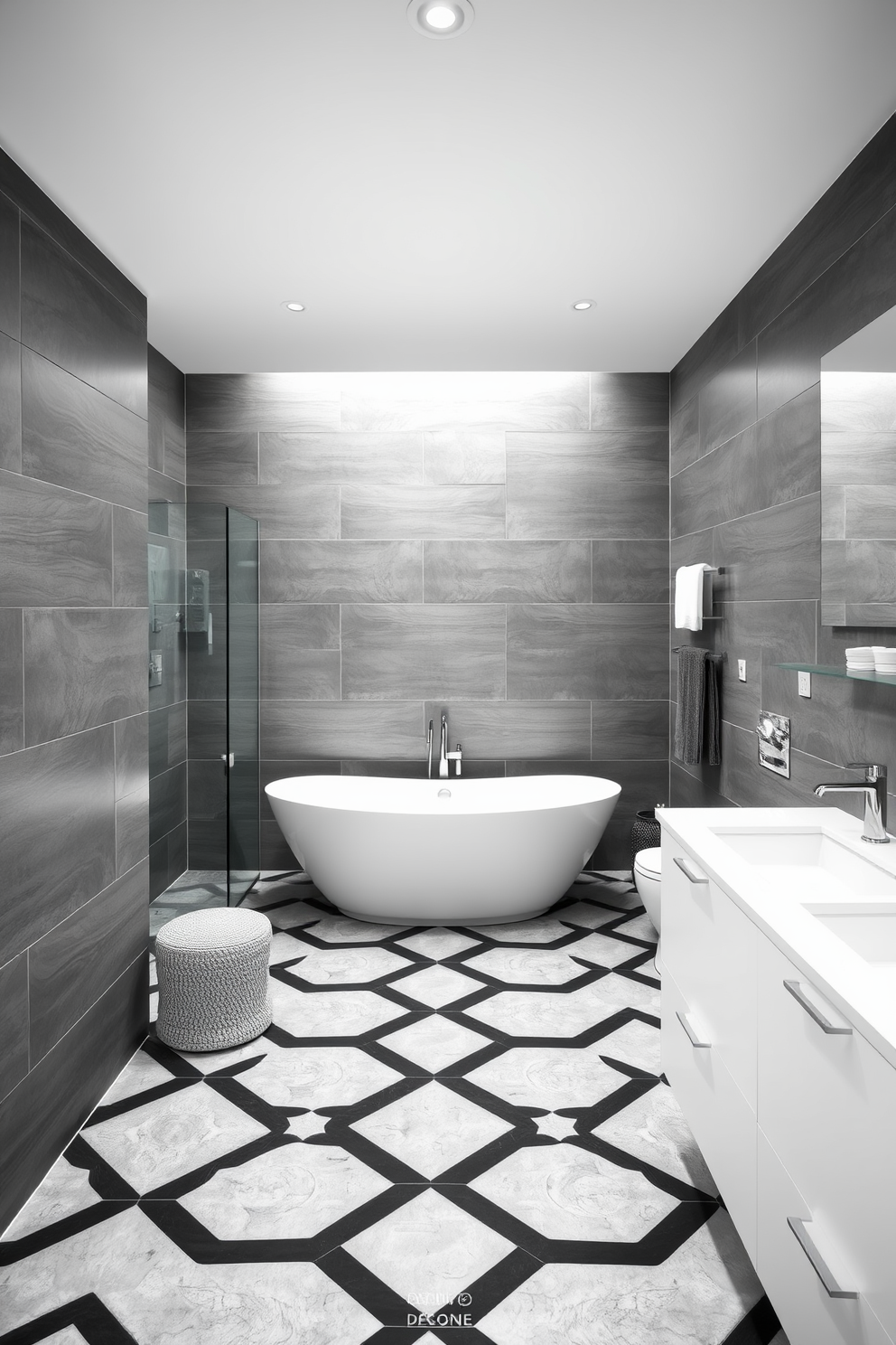 A contemporary bathroom featuring sleek gray tiles with white accents creates a modern and elegant atmosphere. The walls are adorned with large gray tiles, while the floor showcases a striking pattern that enhances the overall aesthetic. A freestanding soaking tub sits in the center, surrounded by minimalist decor. A floating vanity with a white countertop and stylish fixtures complements the gray tones, providing functionality and style.