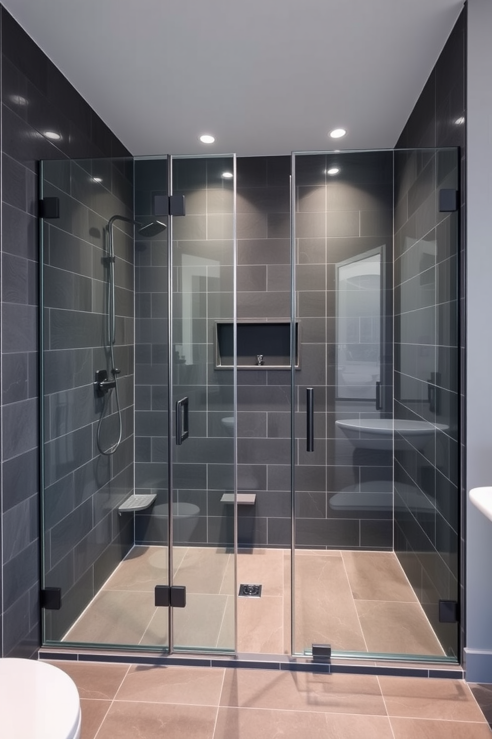 A sleek gray bathroom featuring dark gray shower tiles with elegant glass doors. The space is illuminated by recessed lighting, enhancing the modern aesthetic and highlighting the minimalist fixtures.