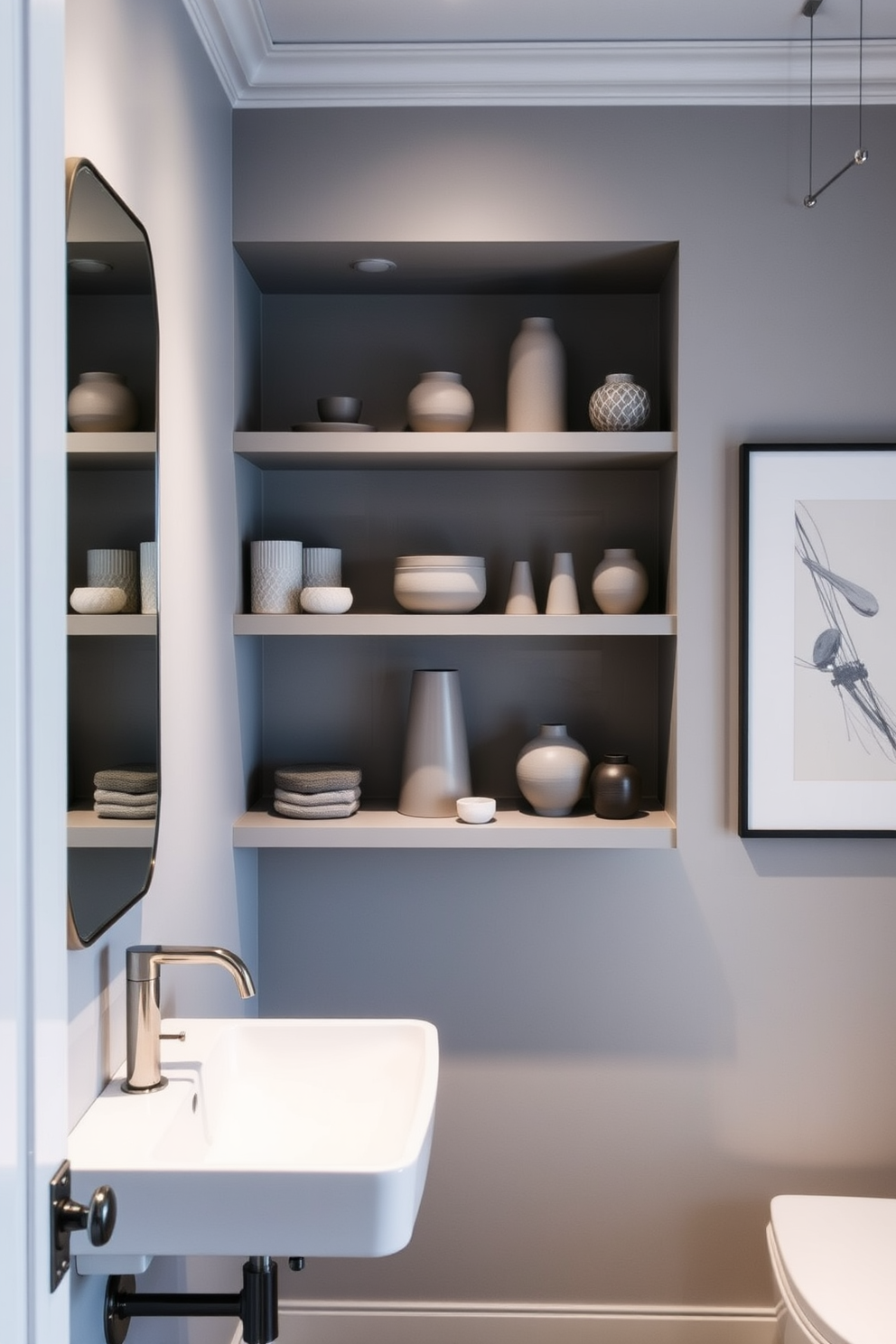 A modern gray bathroom featuring open shelving adorned with various gray decorative items. The walls are painted in a soft gray tone, complemented by sleek fixtures and a minimalist aesthetic.