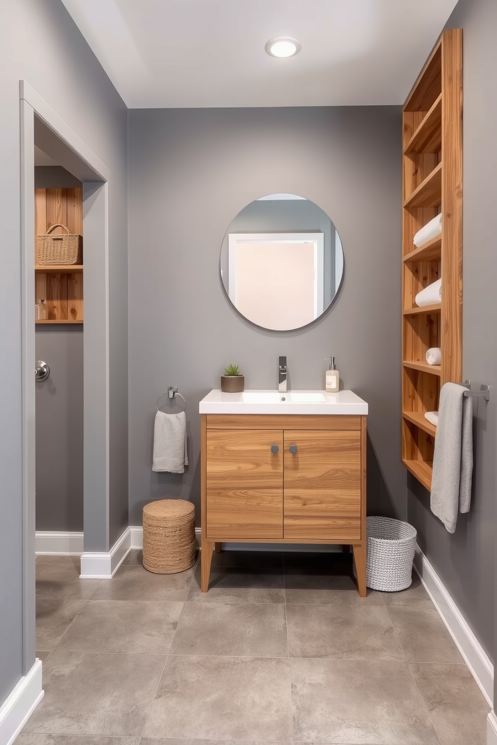 A serene gray bathroom featuring warm wooden accents. The walls are painted in a soft gray hue, complemented by a wooden vanity with a sleek countertop. Natural light filters through a frosted window, illuminating the space. A plush gray rug lies beneath a freestanding bathtub, creating a cozy atmosphere.