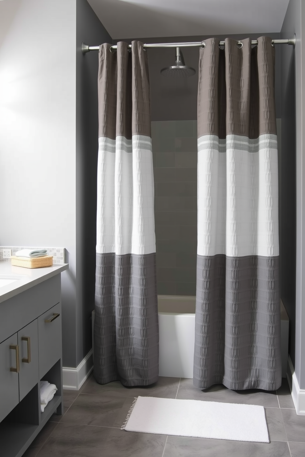 A modern gray bathroom featuring textured gray shower curtains that add depth and sophistication to the space. The walls are painted in a soft gray hue, and the flooring consists of sleek gray tiles, creating a cohesive and stylish look.