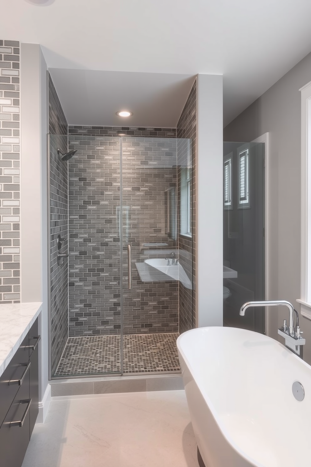 A stunning bathroom featuring gray hexagon floor tiles that create a unique and modern aesthetic. The walls are adorned with sleek gray tiles, and a freestanding bathtub sits elegantly in the center, complemented by a minimalist black faucet. The space is illuminated by natural light streaming through a large window, enhancing the soft gray tones. A stylish wooden shelf holds neatly arranged towels and decorative items, adding warmth to the contemporary design.