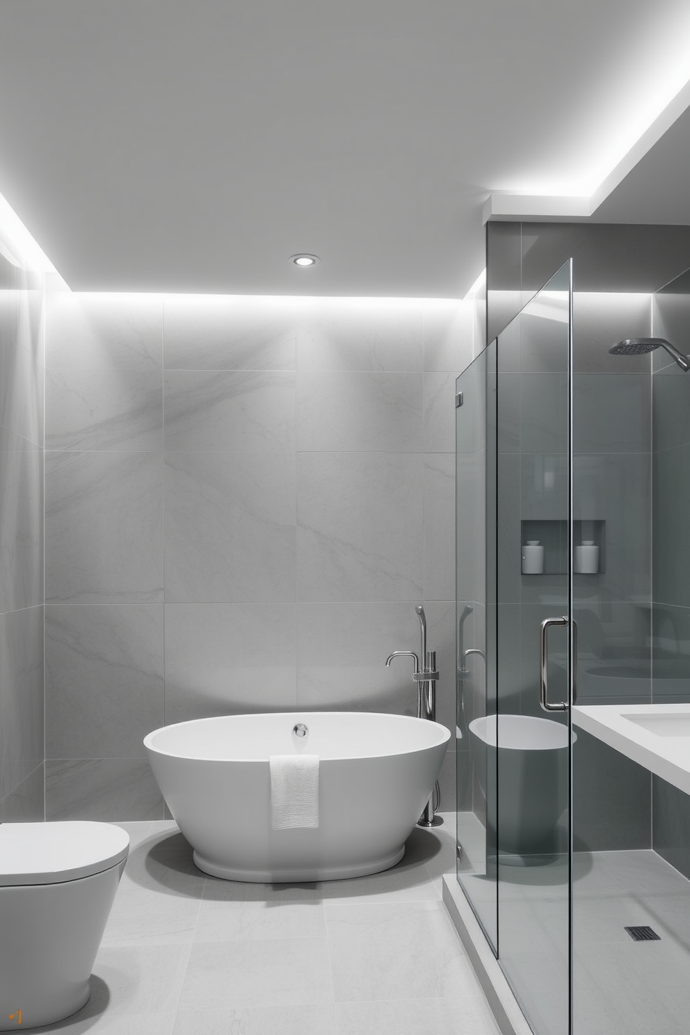 A serene bathroom setting featuring soft gray lighting fixtures that create a calming ambiance. The walls are adorned with elegant gray tiles, complemented by a stylish freestanding bathtub and a sleek glass shower enclosure.