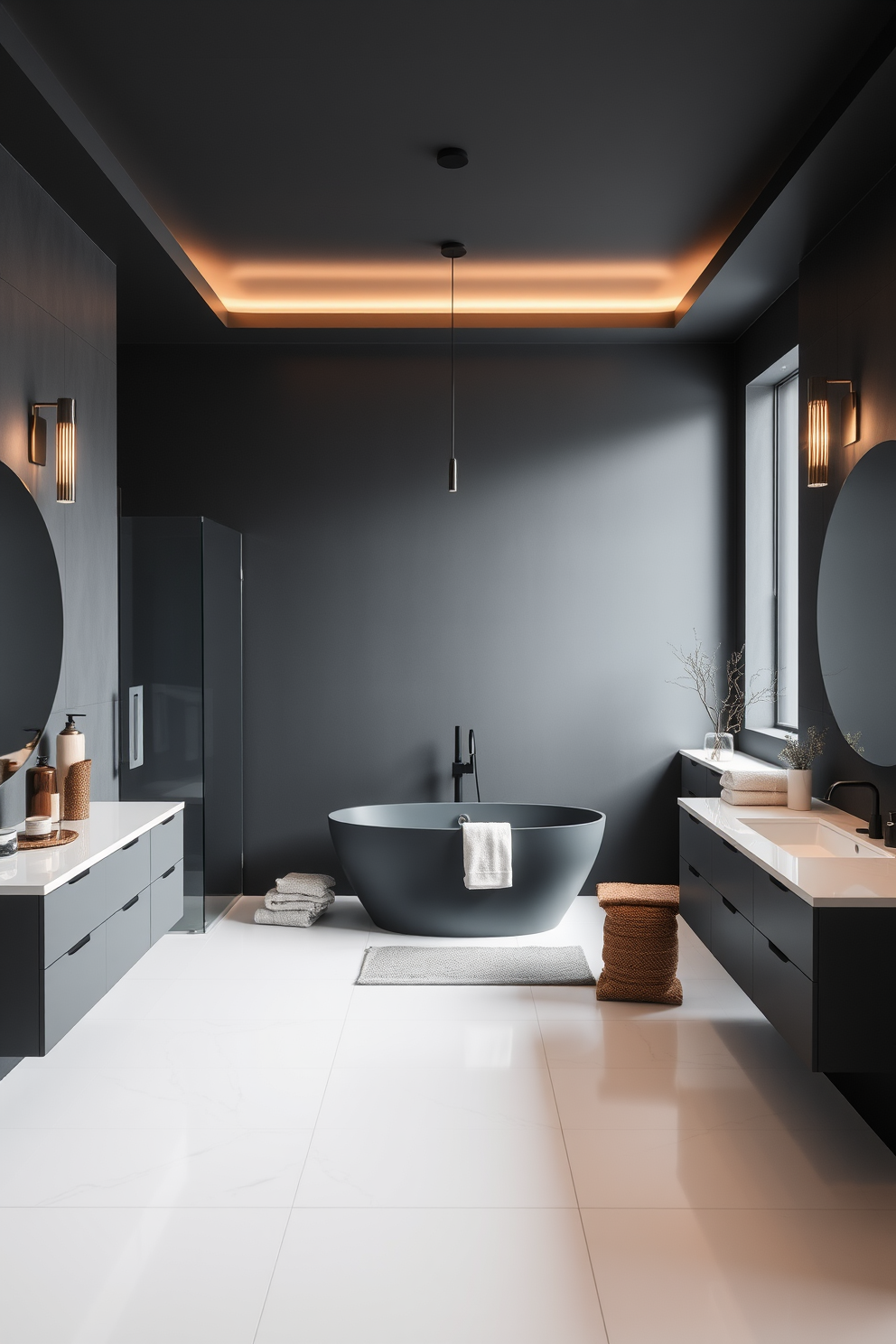 A sleek gray bathroom with light gray walls complemented by dark accents. The space features a modern freestanding tub positioned near a large window, allowing natural light to flood the room. A minimalist vanity with a dark wood finish sits against the wall, topped with a white quartz countertop. Elegant black fixtures and accessories add a touch of sophistication to the overall design.