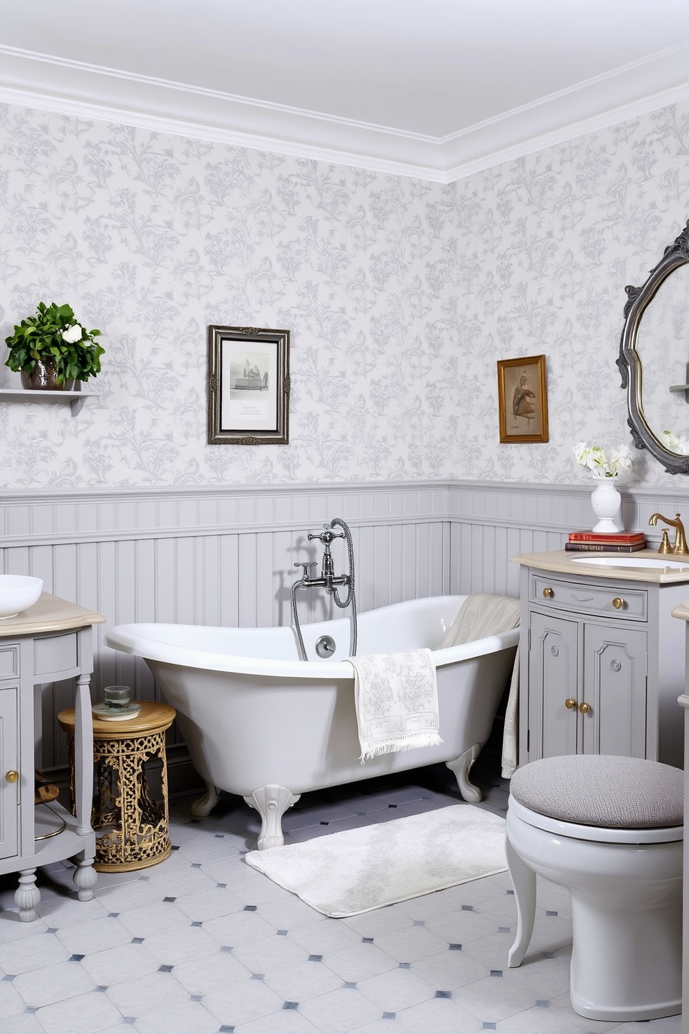 A vintage gray furniture arrangement creates a timeless and elegant atmosphere in the bathroom. The soft gray tones complement the classic fixtures and accessories, enhancing the overall aesthetic. The walls are adorned with subtle gray wallpaper, adding depth and texture to the space. A freestanding bathtub sits gracefully in the corner, surrounded by vintage-inspired decor and soft lighting for a cozy ambiance.