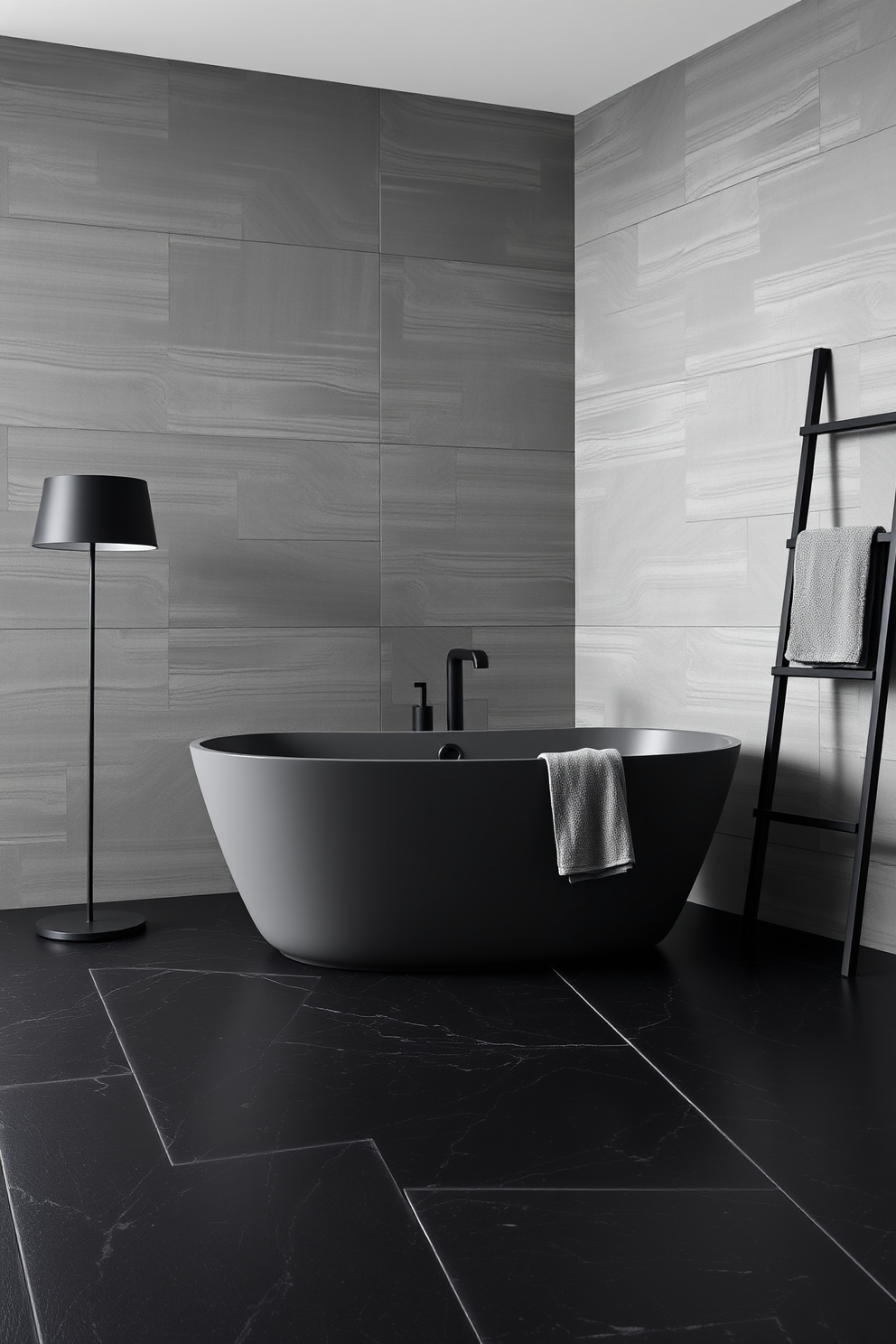 A dramatic gray bathroom setting featuring sleek black fixtures. The walls are adorned with textured gray tiles, while the floor showcases large black slabs for a bold contrast. A freestanding gray bathtub takes center stage, complemented by a minimalist black floor lamp nearby. Elegant gray towels are neatly arranged on a black ladder shelf, adding warmth to the modern aesthetic.