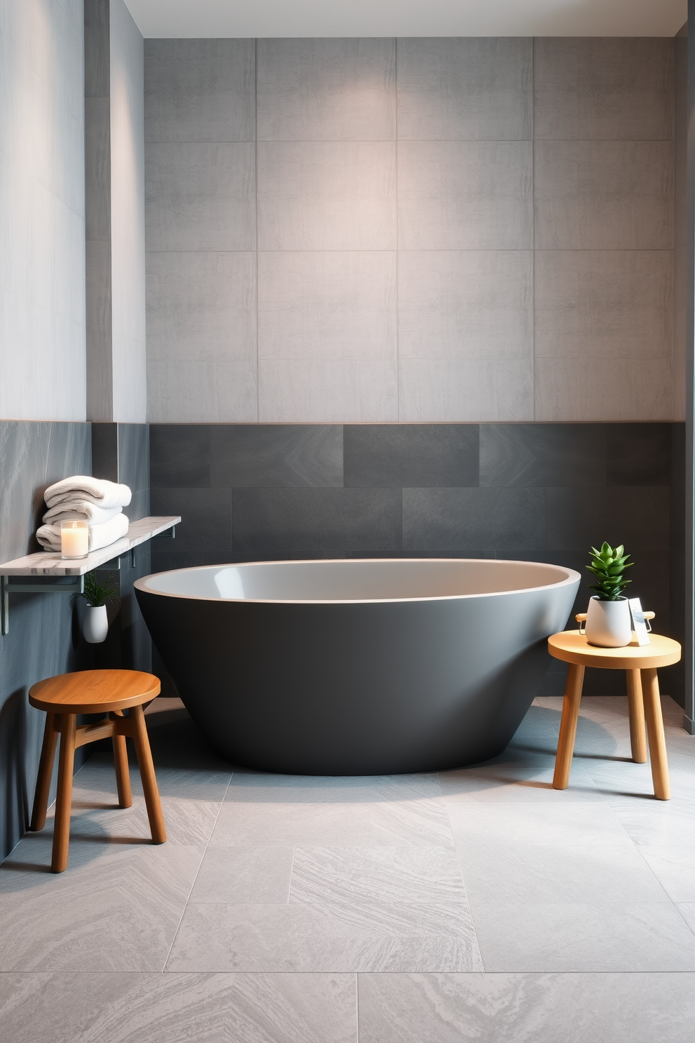 A luxurious gray soaking tub stands as the centerpiece of the bathroom, surrounded by elegant gray tiles that create a serene atmosphere. Soft ambient lighting highlights the tub's curves, while plush towels are neatly arranged on a nearby marble shelf. The walls are adorned with subtle gray wallpaper that adds texture and depth to the space. A stylish wooden stool beside the tub holds a scented candle and a small potted plant, enhancing the spa-like feel of the room.