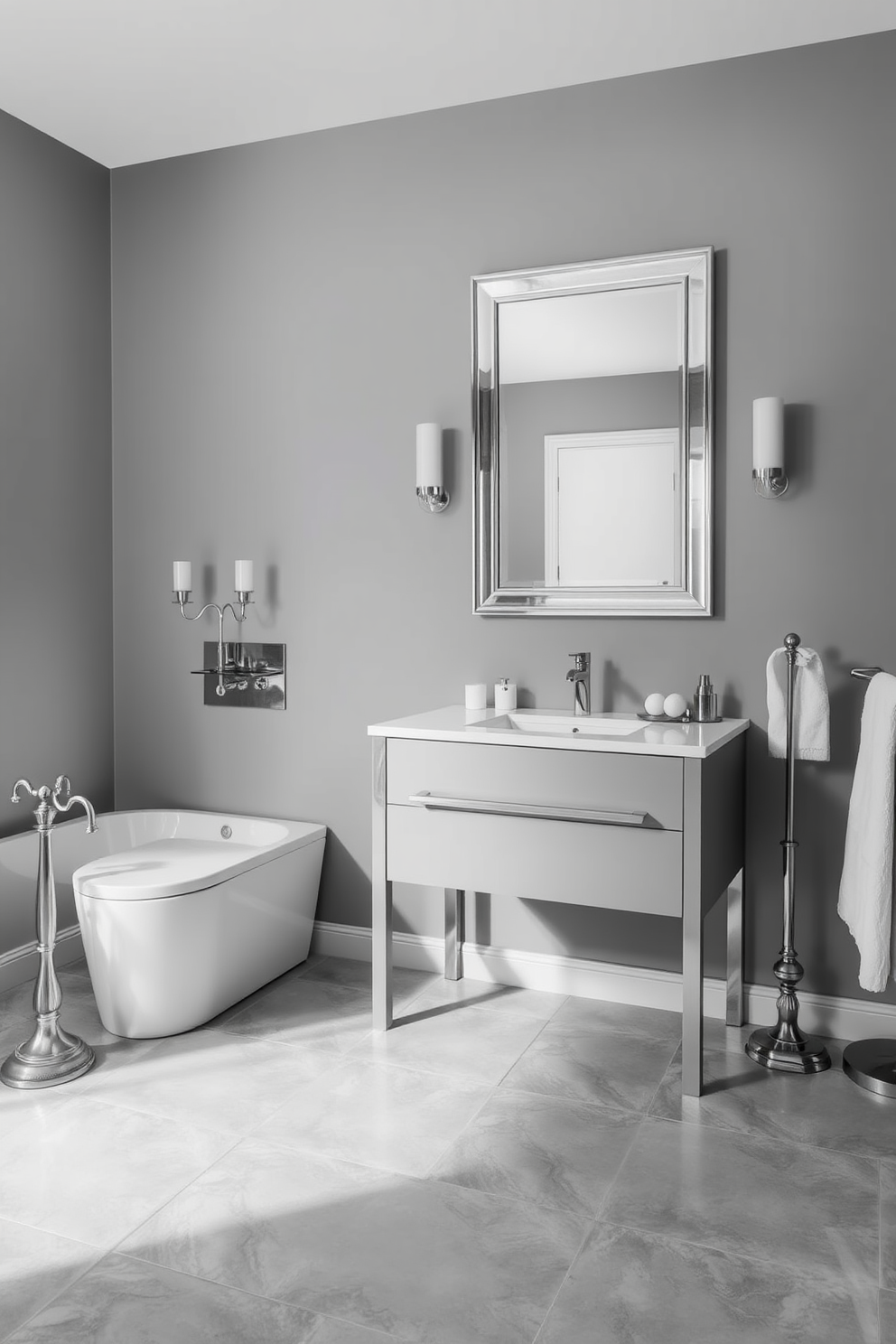 A luxurious gray bathroom featuring sleek silver accessories that enhance the elegance of the space. The walls are painted in a soft gray tone, complemented by a stylish silver-framed mirror above a modern vanity. The flooring consists of large gray tiles with subtle silver veining, creating a cohesive look. Decorative silver accents, such as candle holders and towel racks, add a touch of sophistication to the overall design.