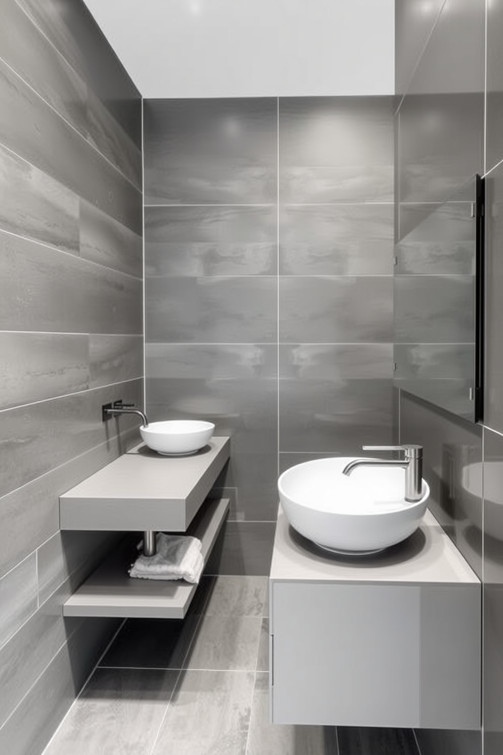 A sleek gray bathroom featuring stylish gray faucets paired with modern sinks. The overall design emphasizes clean lines and a minimalist aesthetic with a touch of sophistication. The walls are adorned with large gray tiles, creating a seamless look throughout the space. A floating vanity complements the modern sinks, enhancing the contemporary feel of the room.